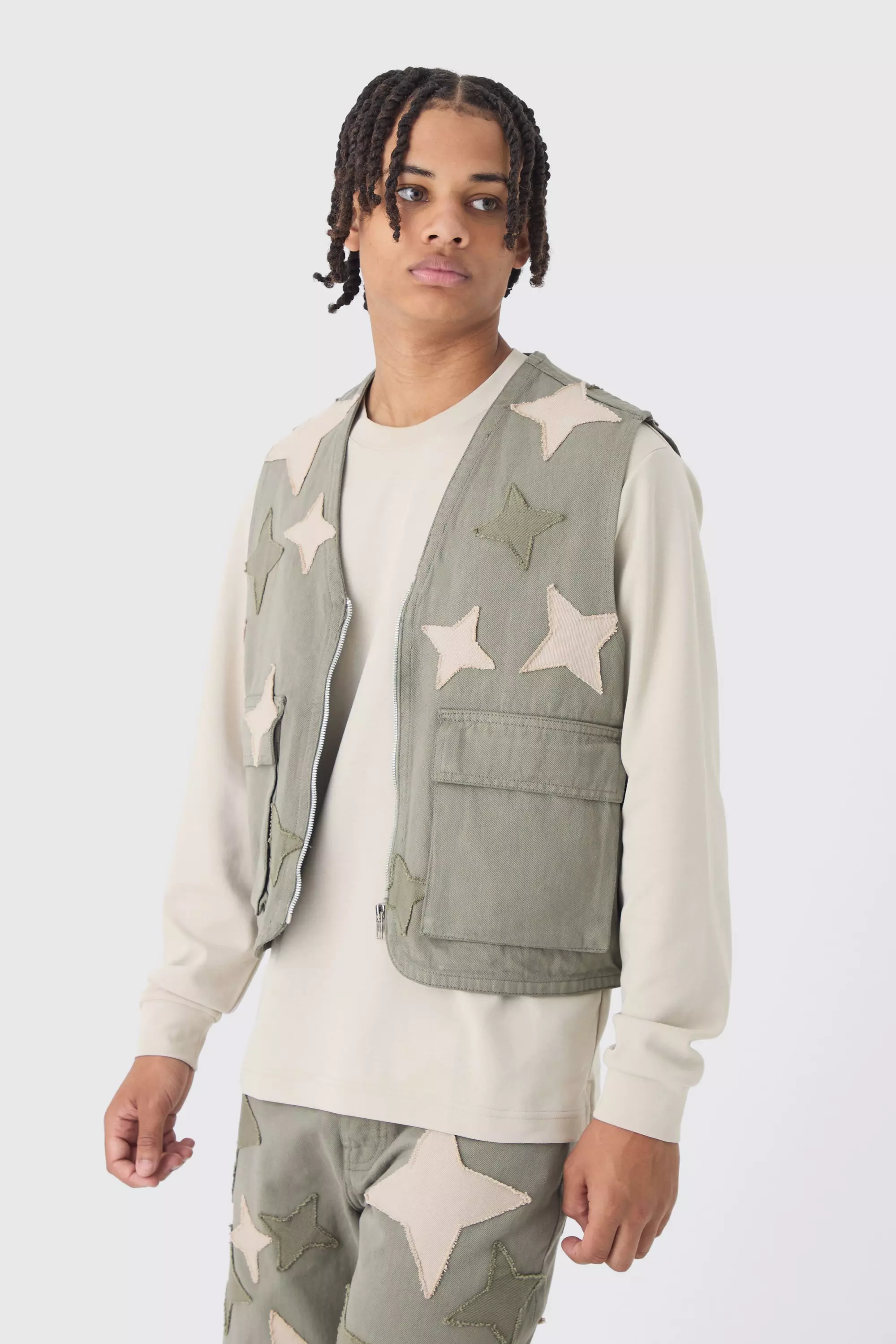 Khaki Boxy Utility Star Patchwork Applique Vest alternative image