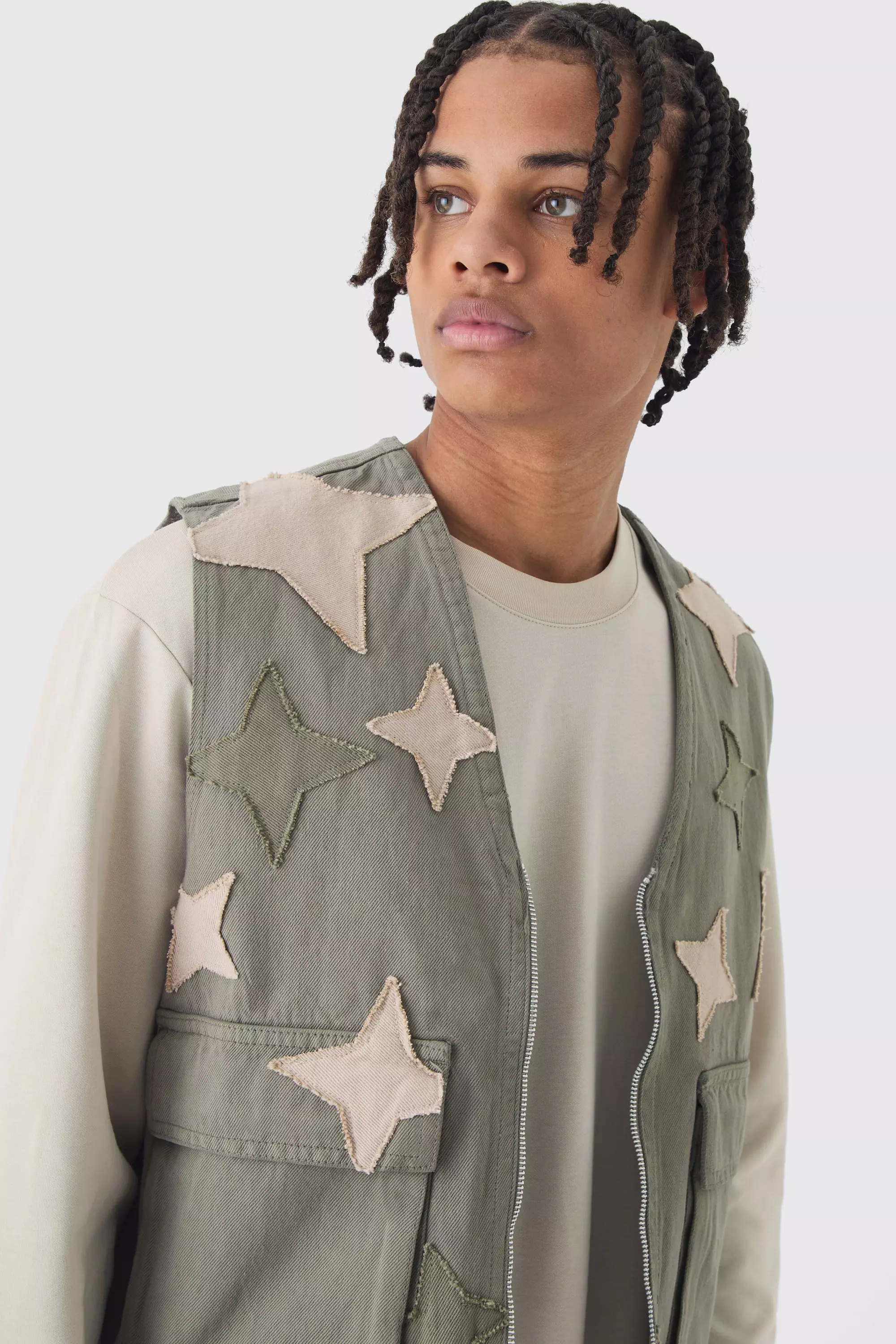 Khaki Boxy Utility Sterrenprint Hemd Met Patches alternatieve afbeelding