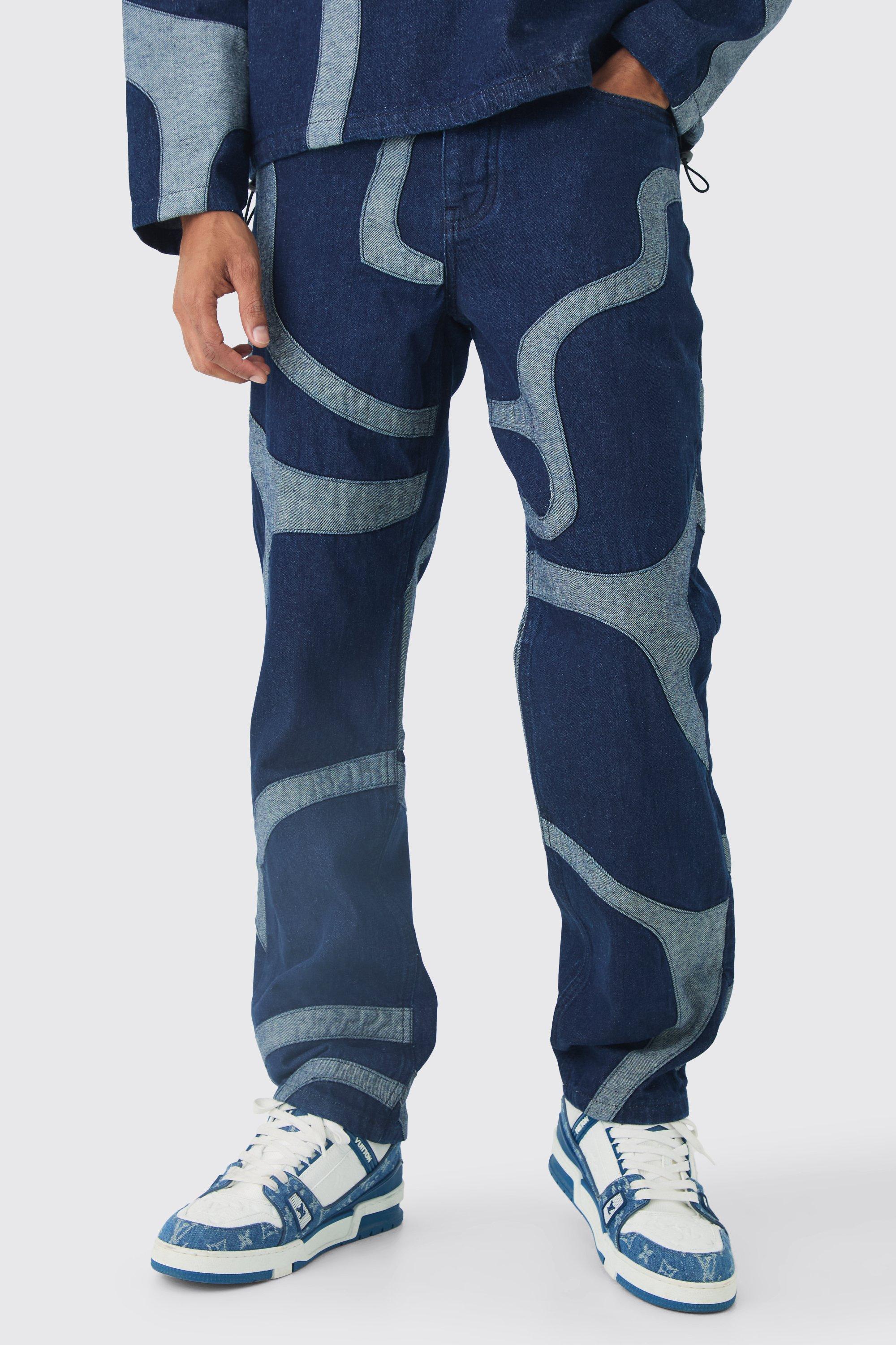 Indigo Relaxed Fit Patchwork Applique Jeans