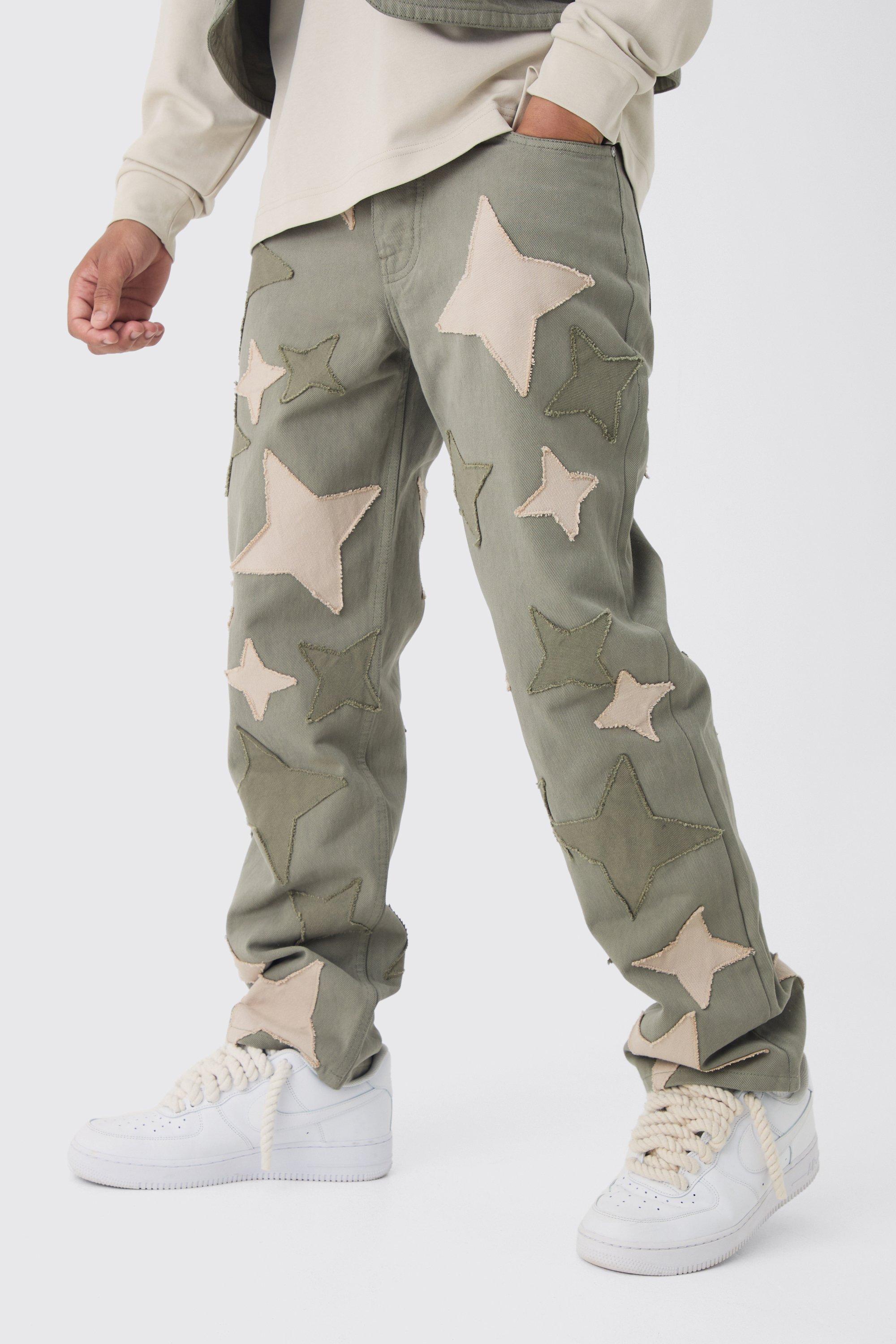 Khaki Relaxed Fit Star Patchwork Applique Jeans