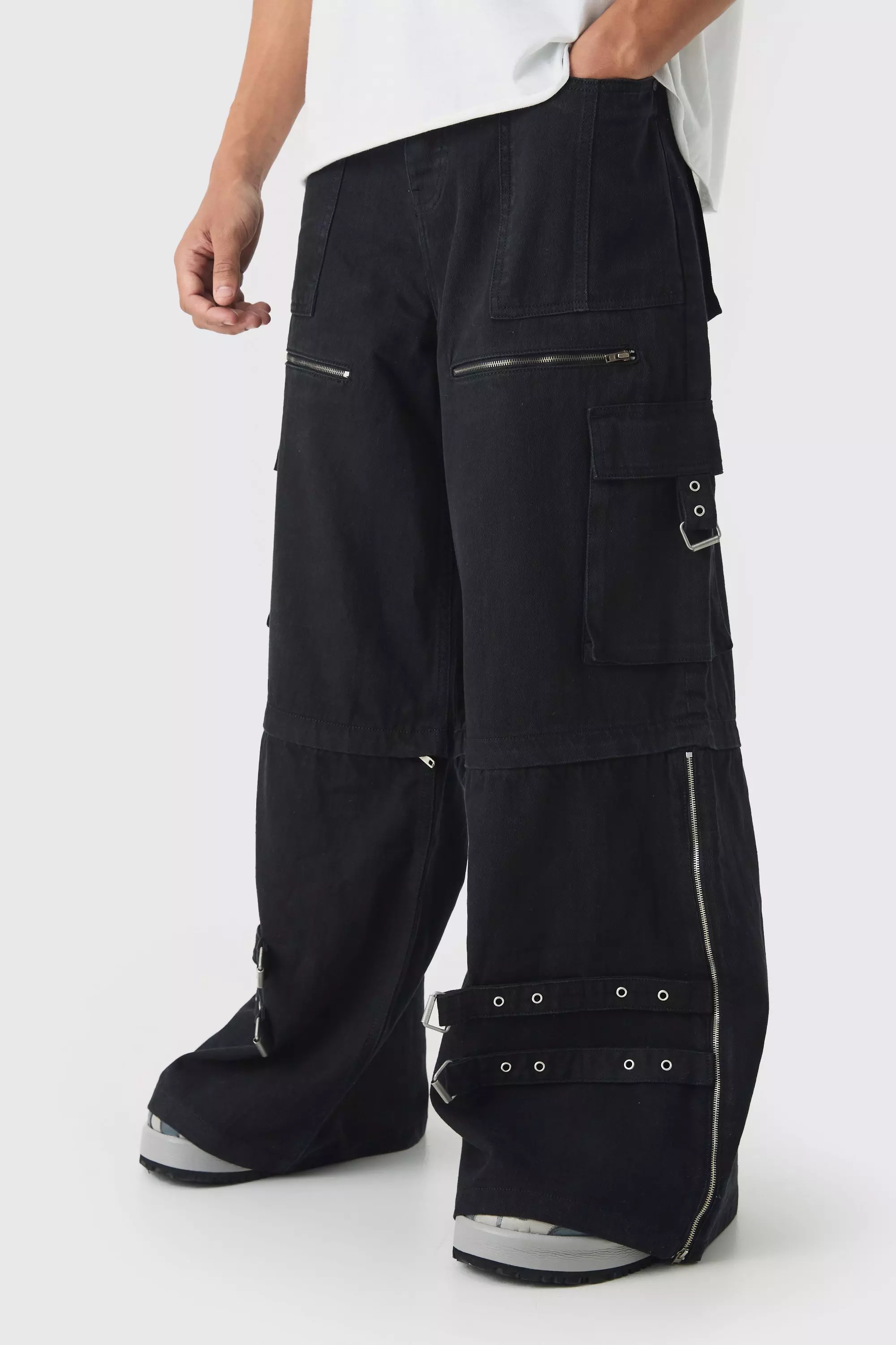 Extreme Baggy Silver Hardware Cargo Jeans Black