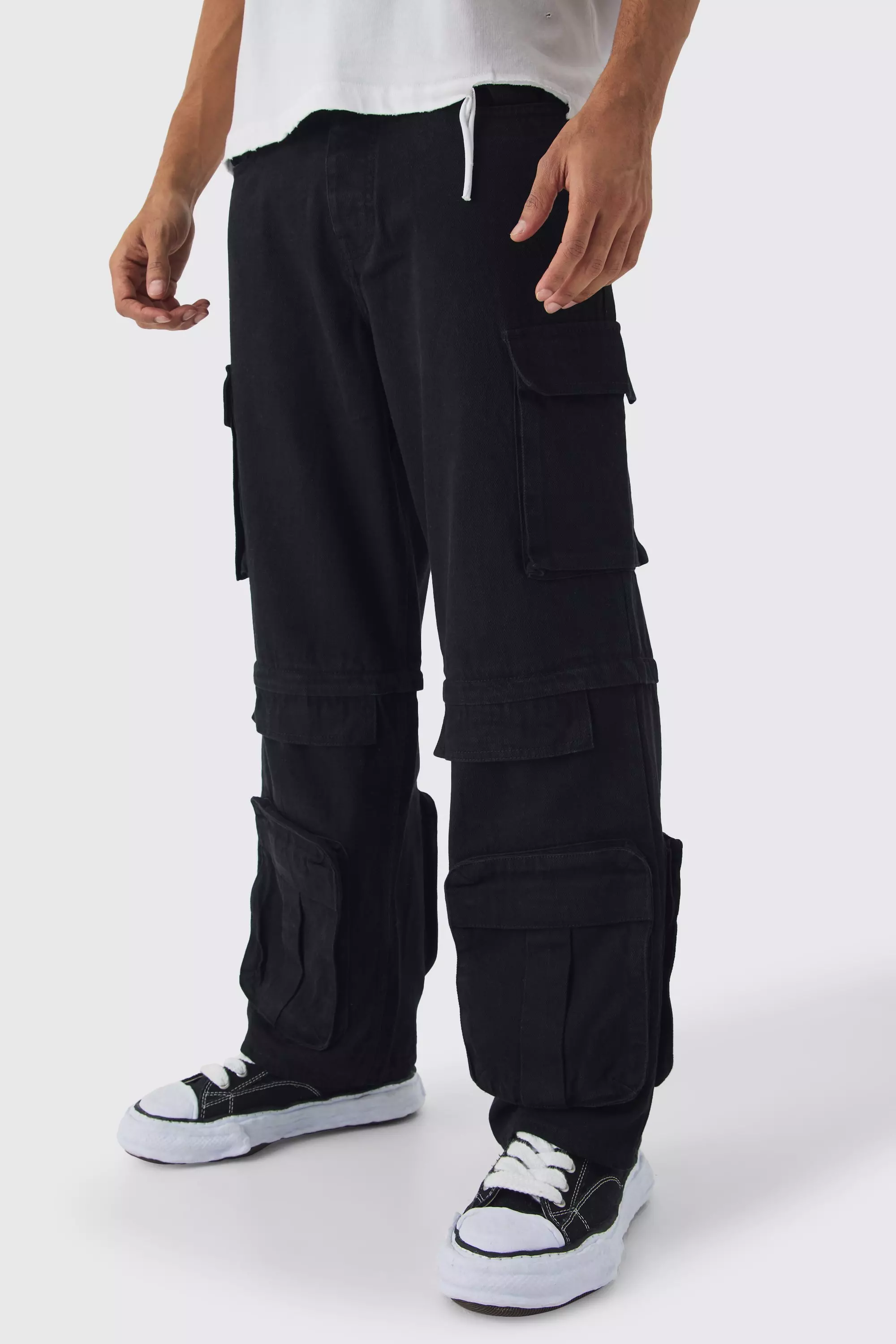 Baggy Fit Cargo Zip Off Jeans Black