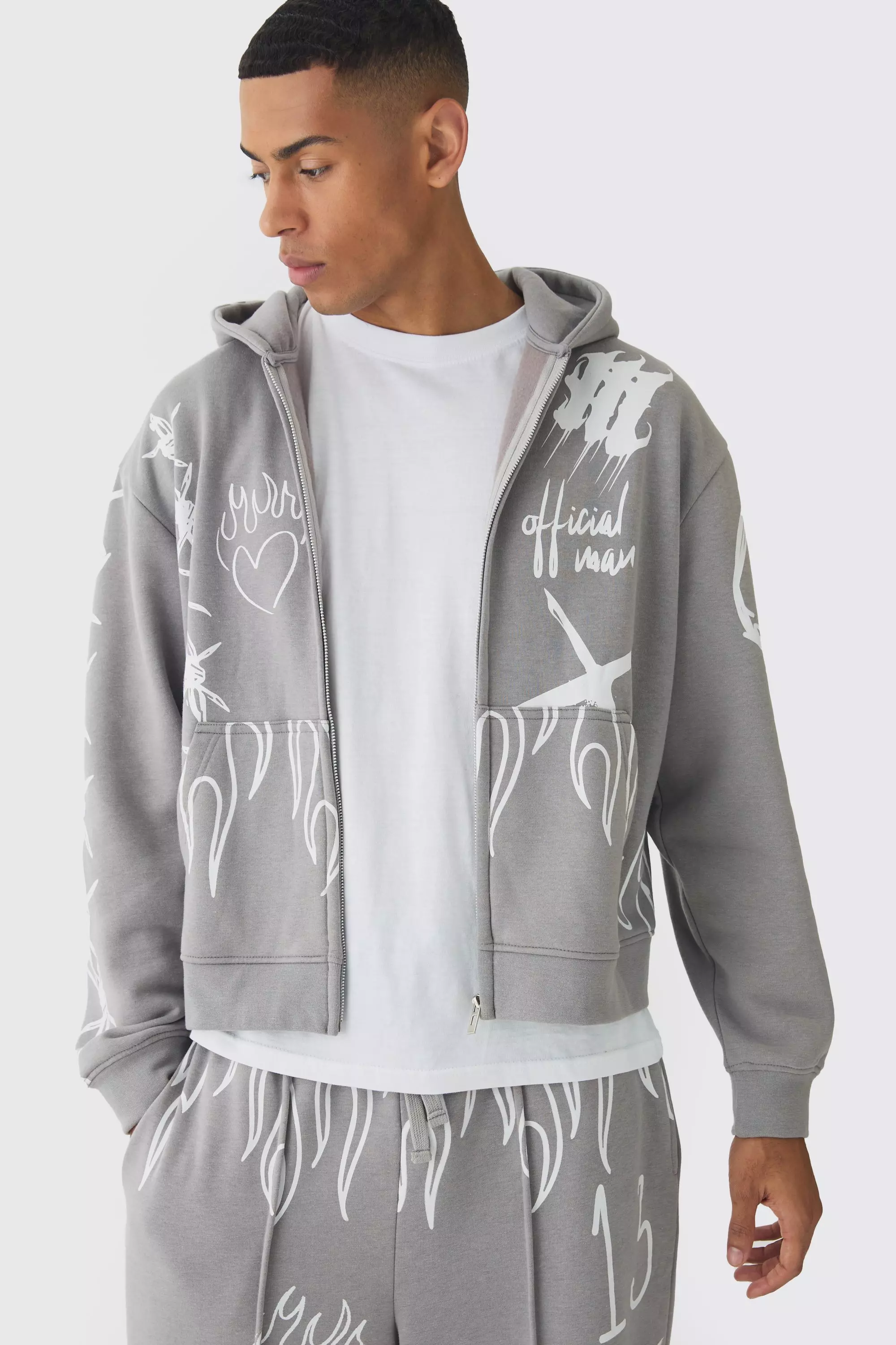 Oversized Boxy All Over Print Graffiti Zip Through Hoodie Grey