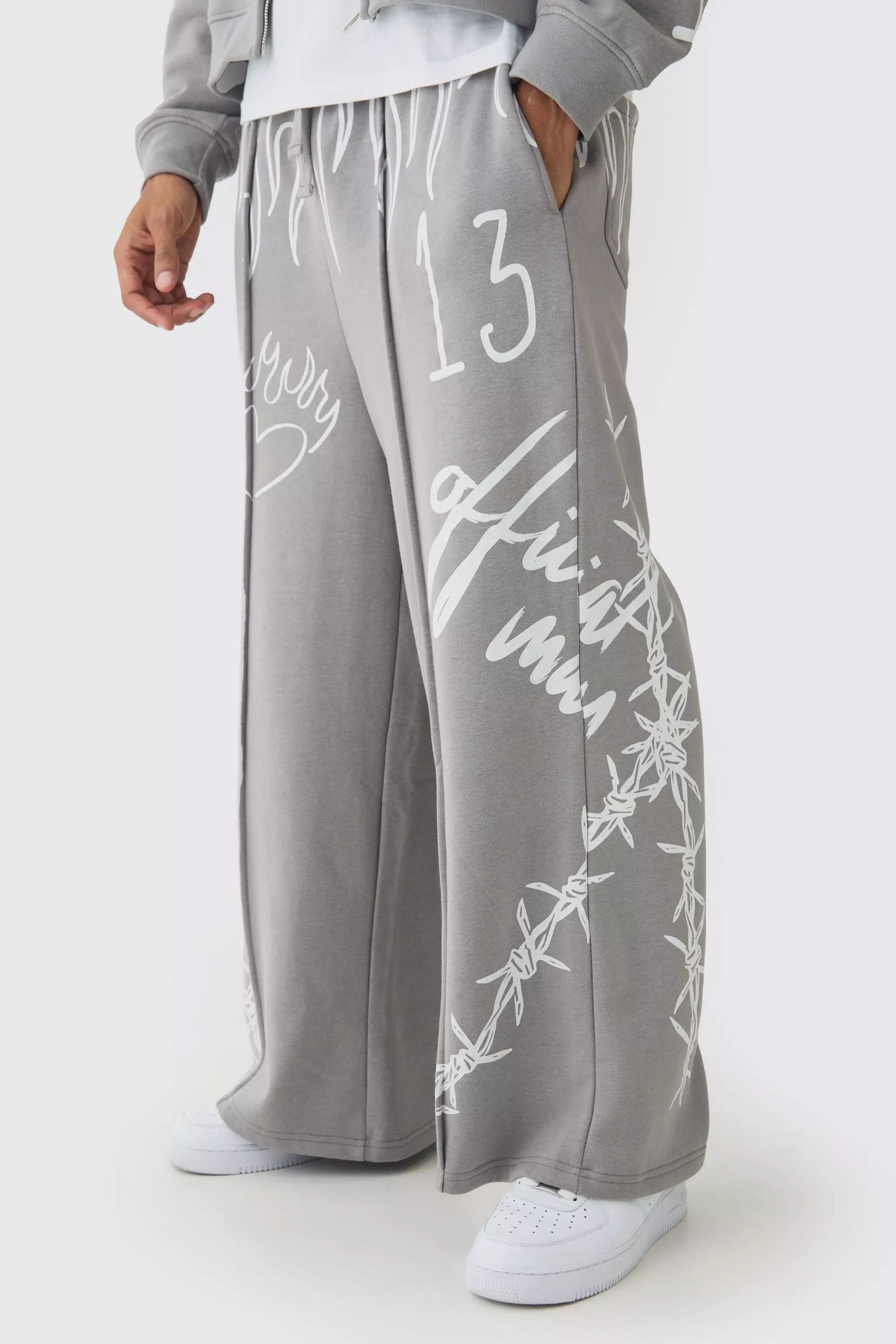 Grey Extreme Wide Leg All Over Print Graffiti Sweatpants