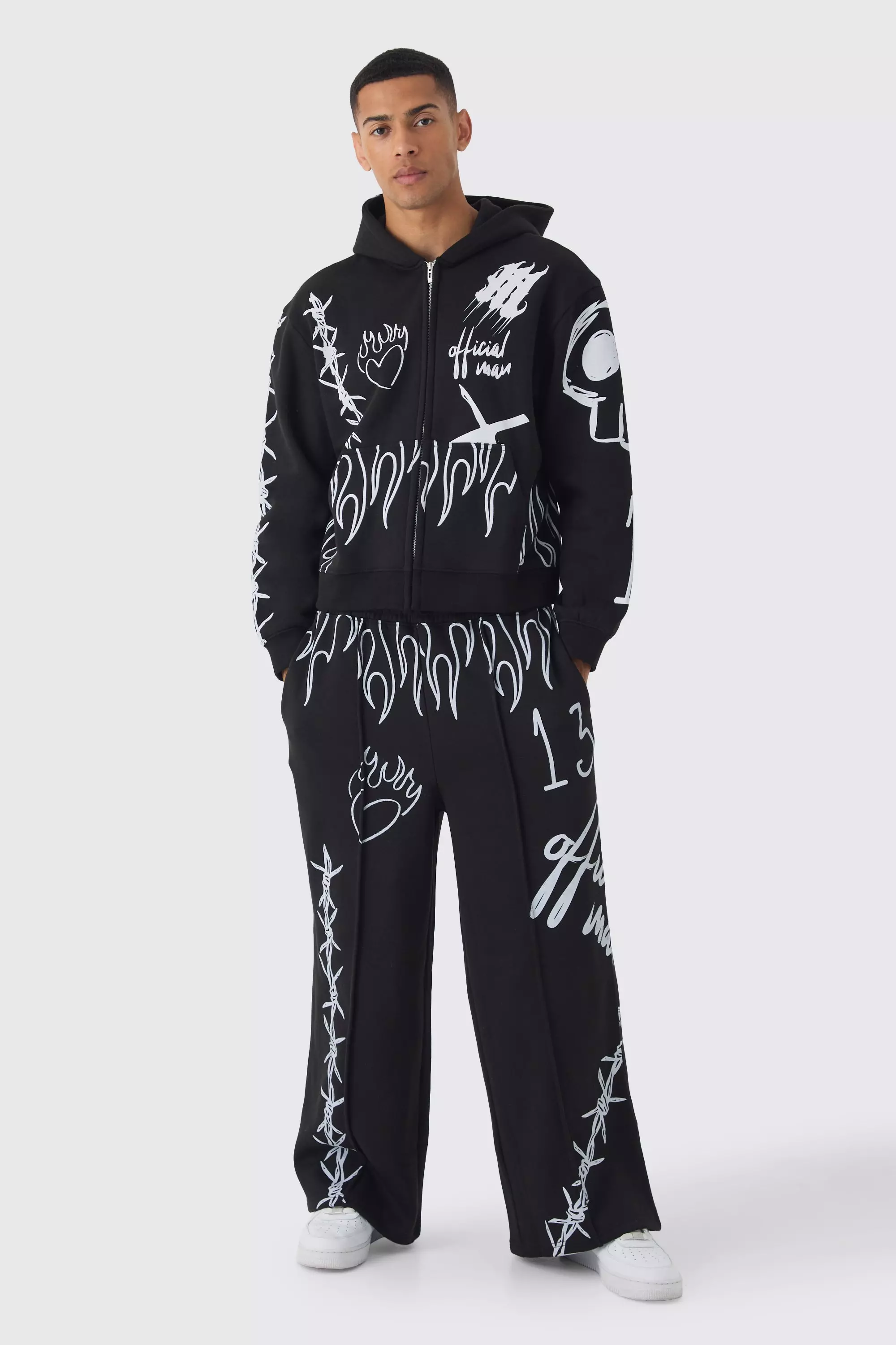 Oversized Boxy All Over Print Graffiti Zip Through Tracksuit boohooMAN USA