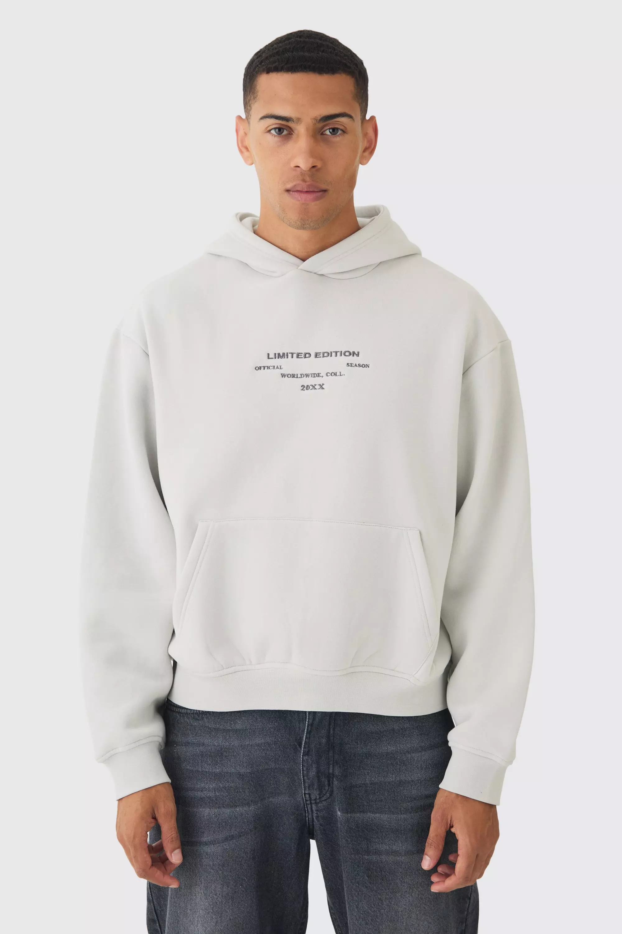 330GSM Oversized Boxy Peached Embroidered Text Hoodie Light grey