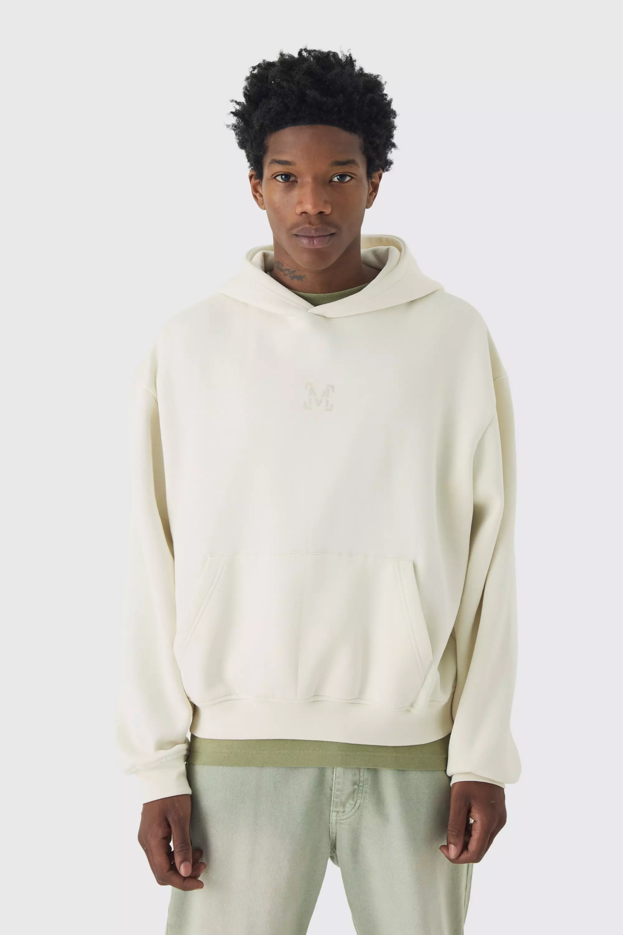 Ecru White 330GSM Oversized Boxy M Flocked Hoodie