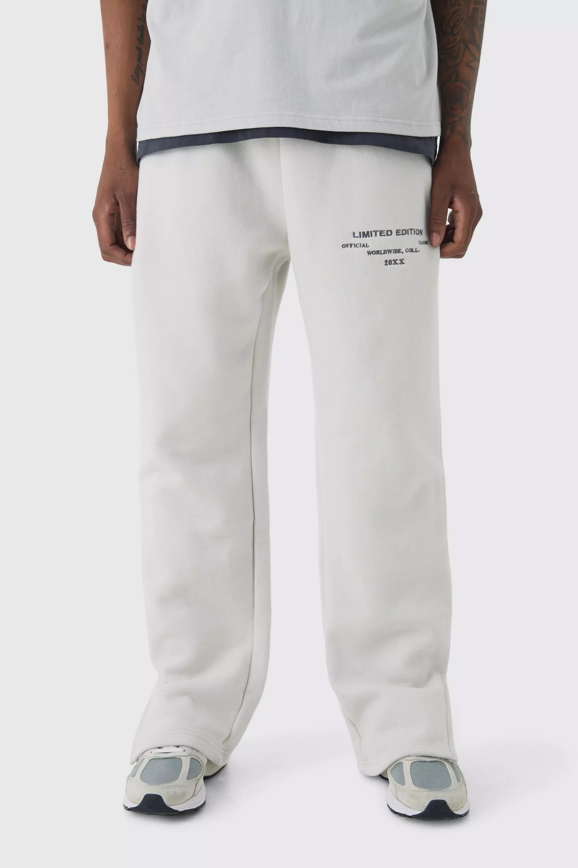 330GSM Relaxed Fit Embroidered Text Peached Sweatpants Light grey