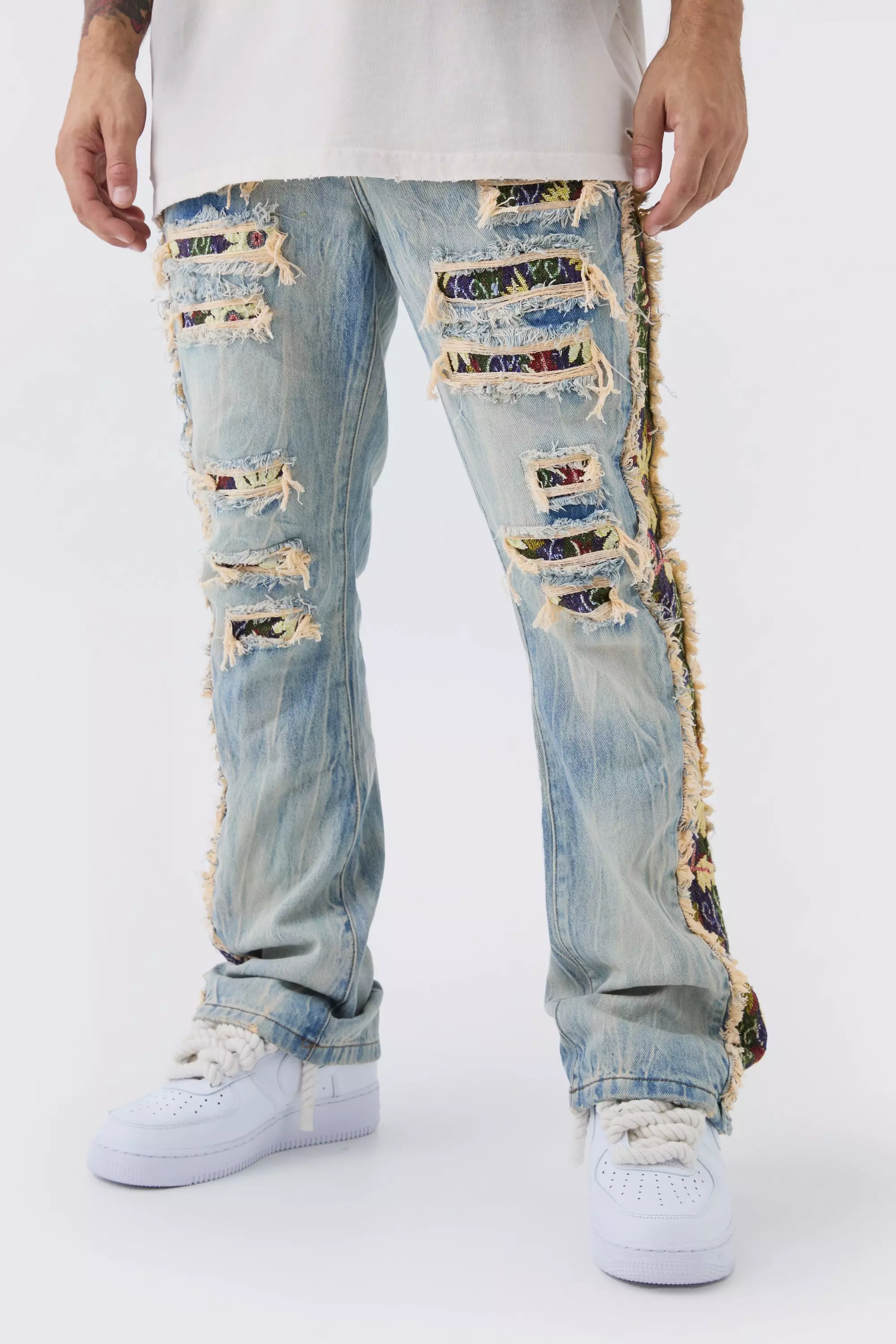 Light blue Slim Rigid Flare Tapestry Panel Rip & Repair Jeans alternative image