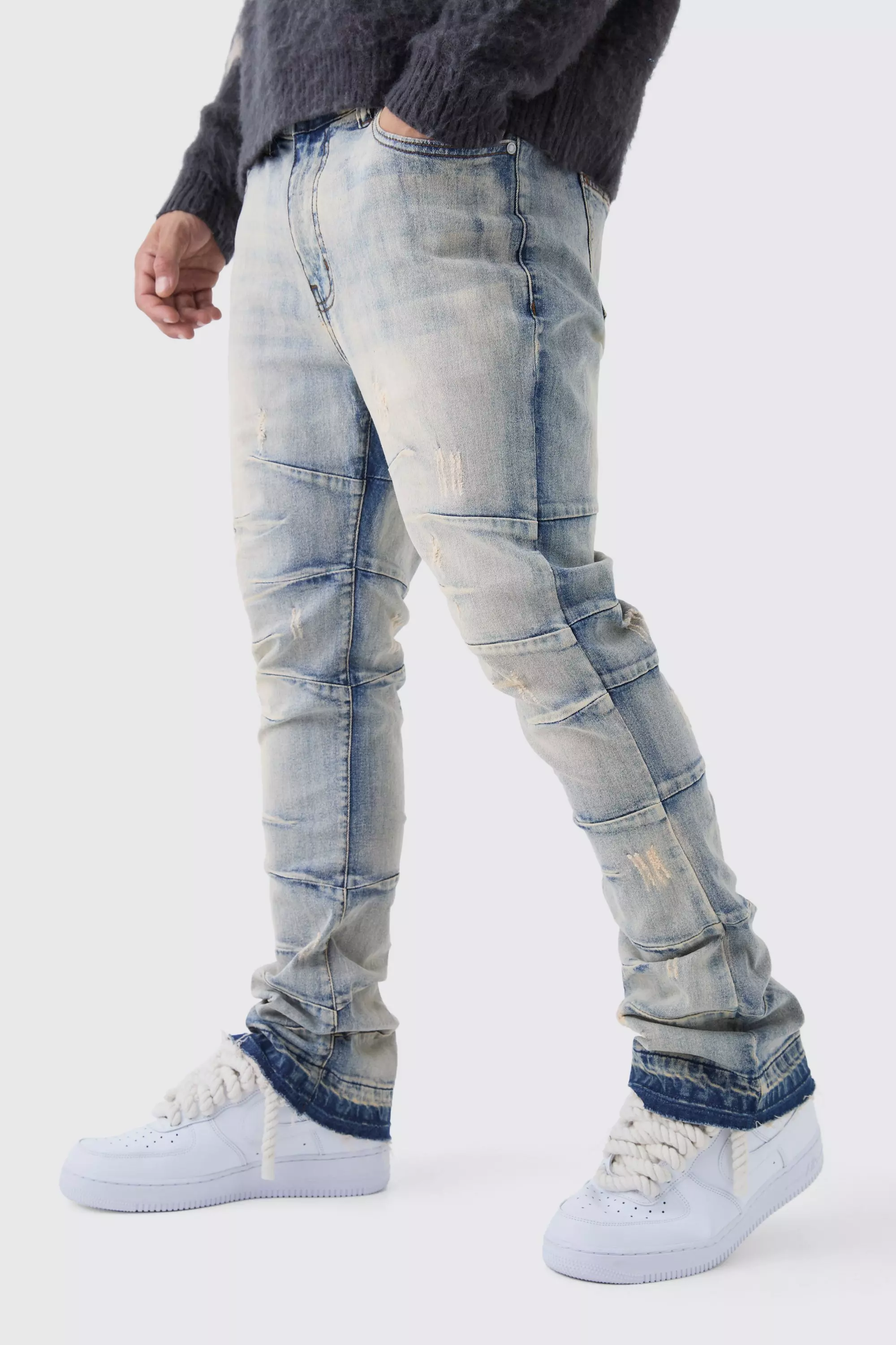 Skinny Stretch Super Stacked Flared Acid Wash Jeans Light blue