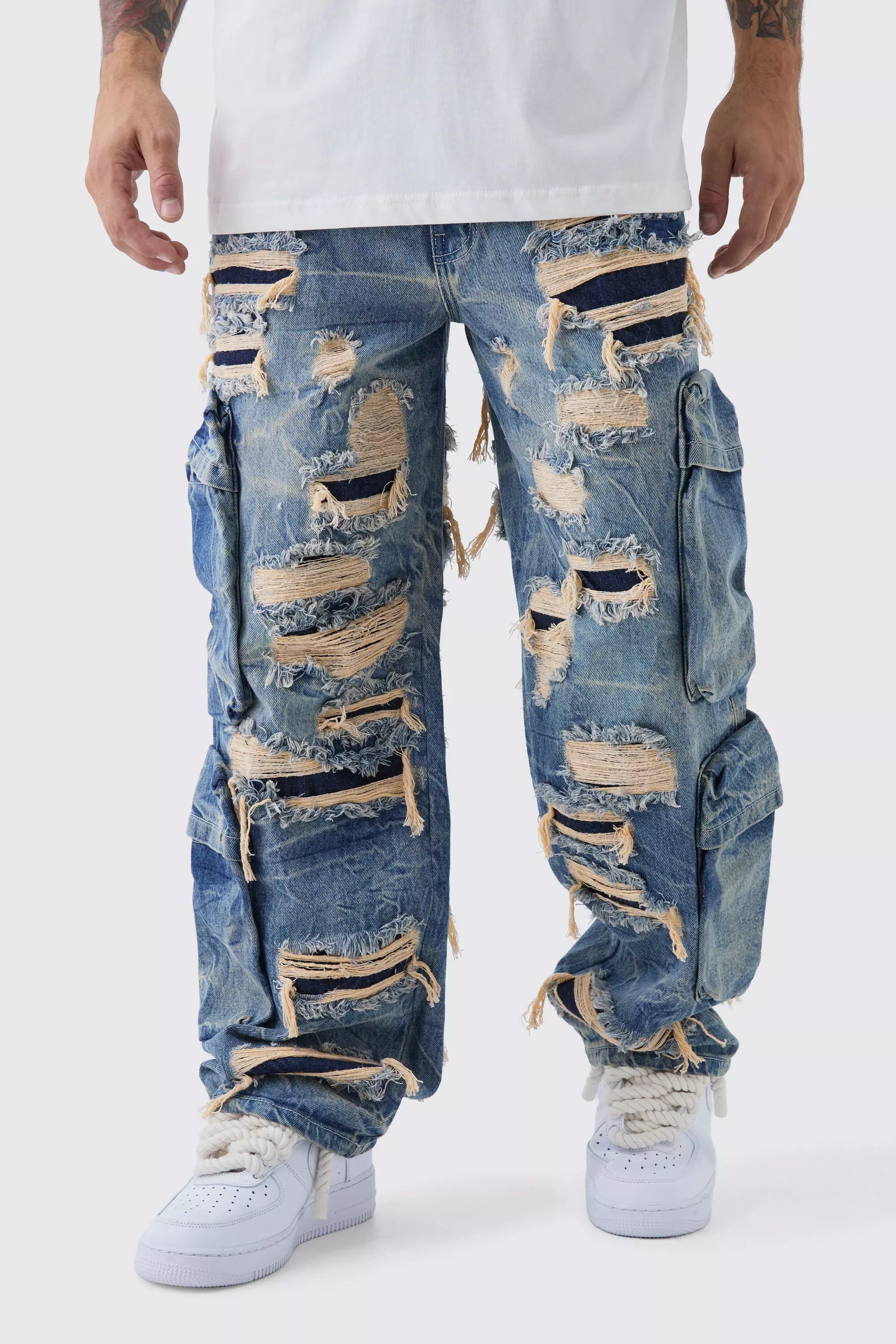 Blue Relaxed Fit Cargo All Over Ripped Jeans