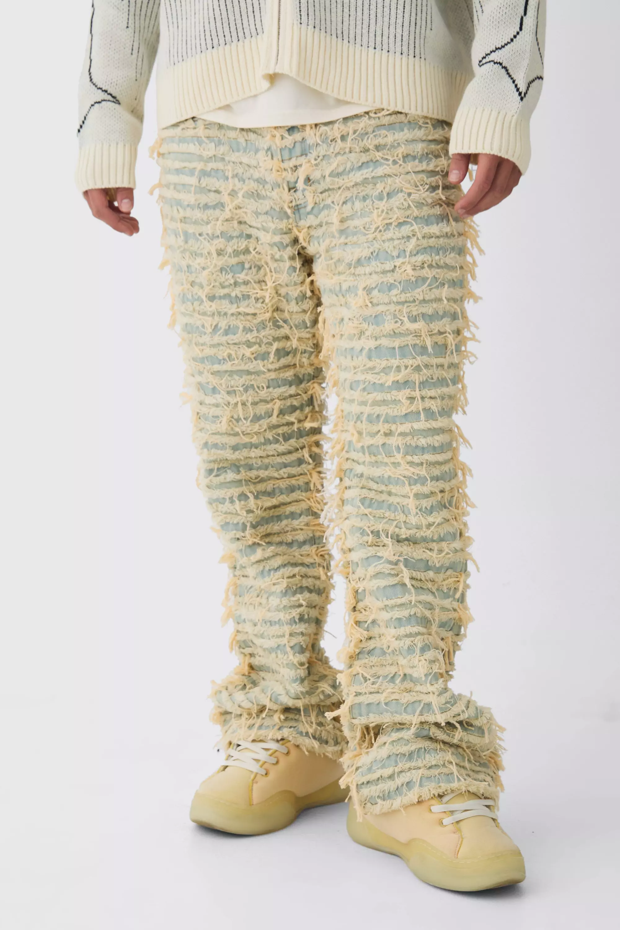 Beige Relaxed Flare All Over Ripped Jeans alternative image