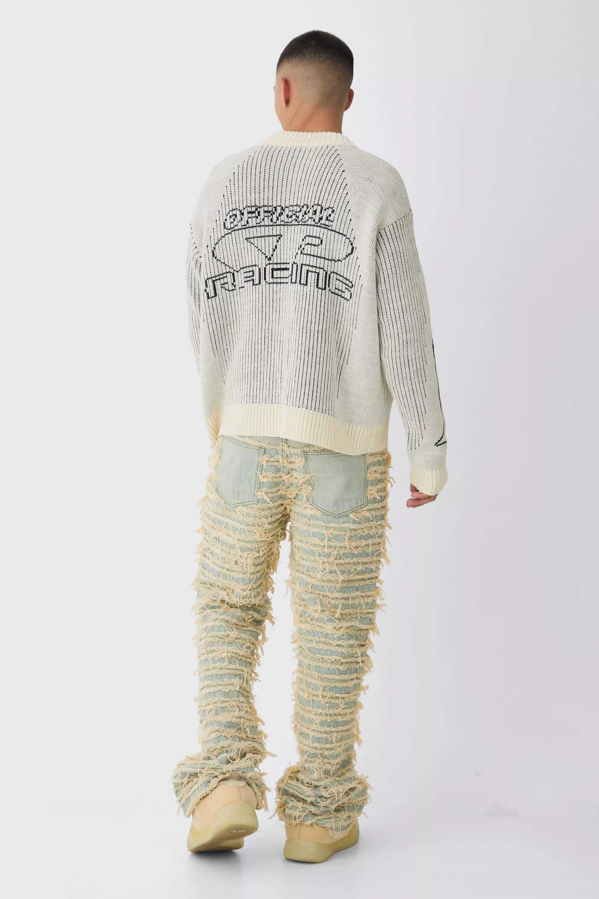 Beige Relaxed Flare All Over Ripped Jeans alternative image