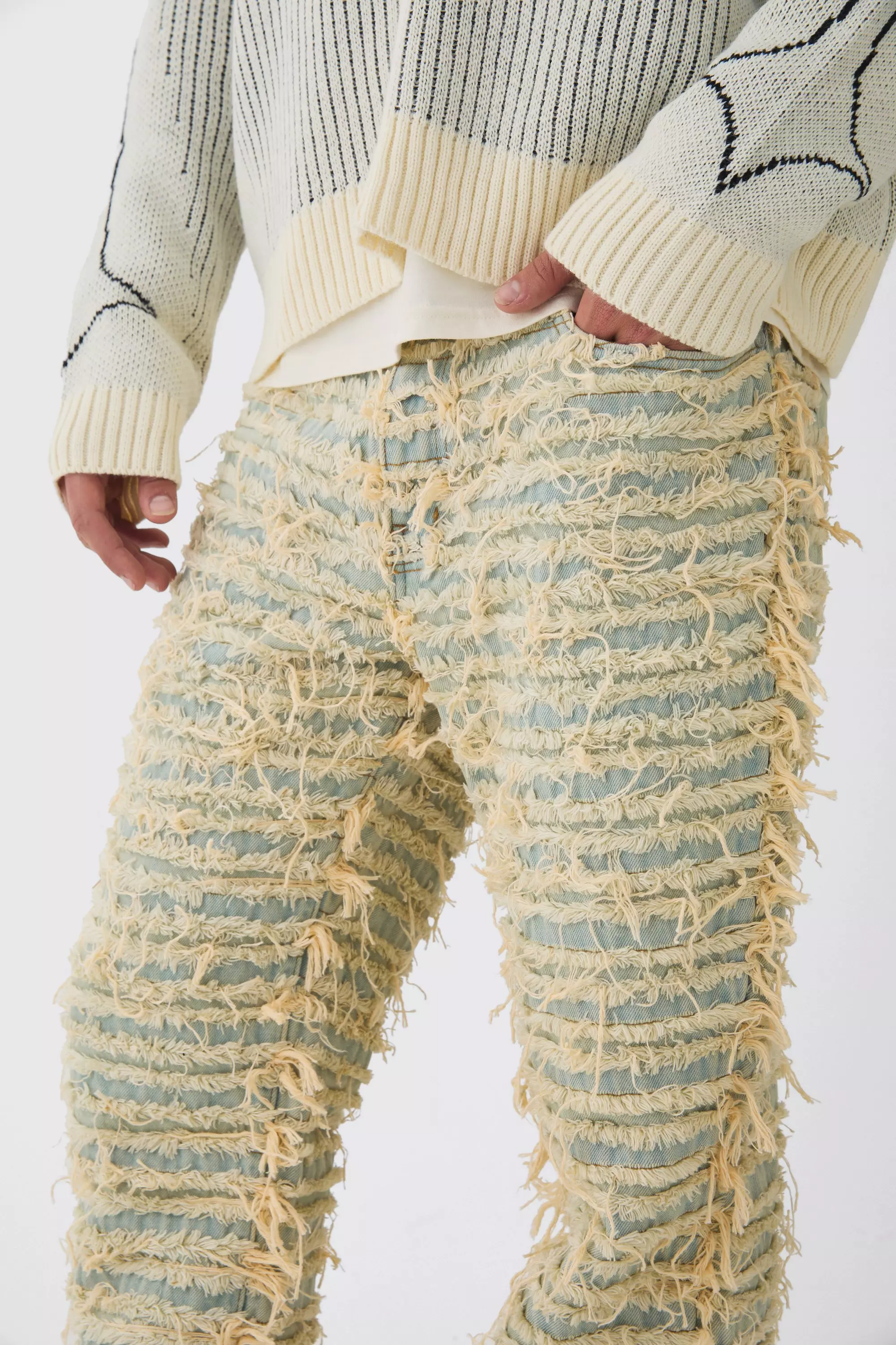 Beige Relaxed Flare All Over Ripped Jeans alternative image