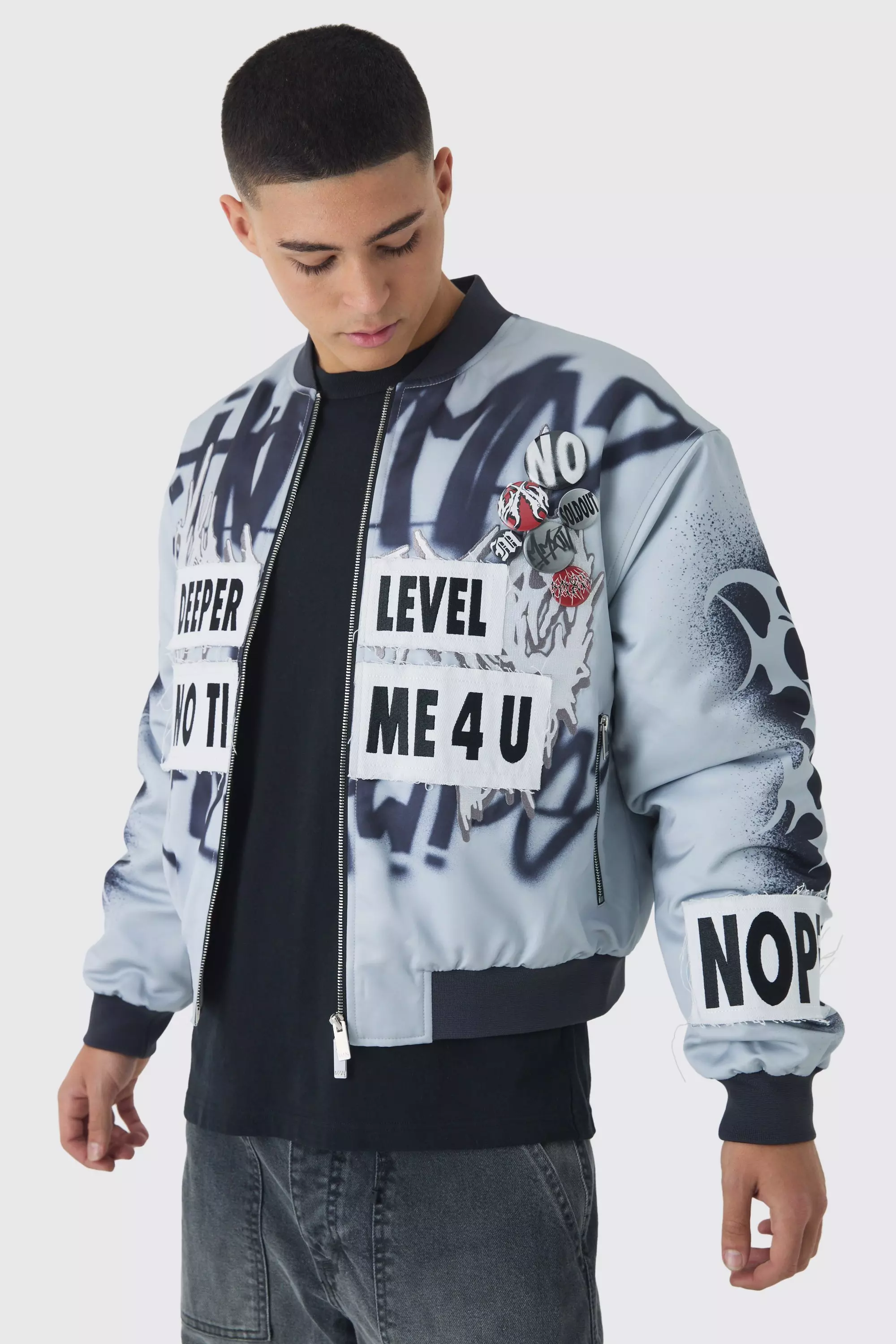 Grey Boxy Graffiti Print Bomber Jacket In Grey