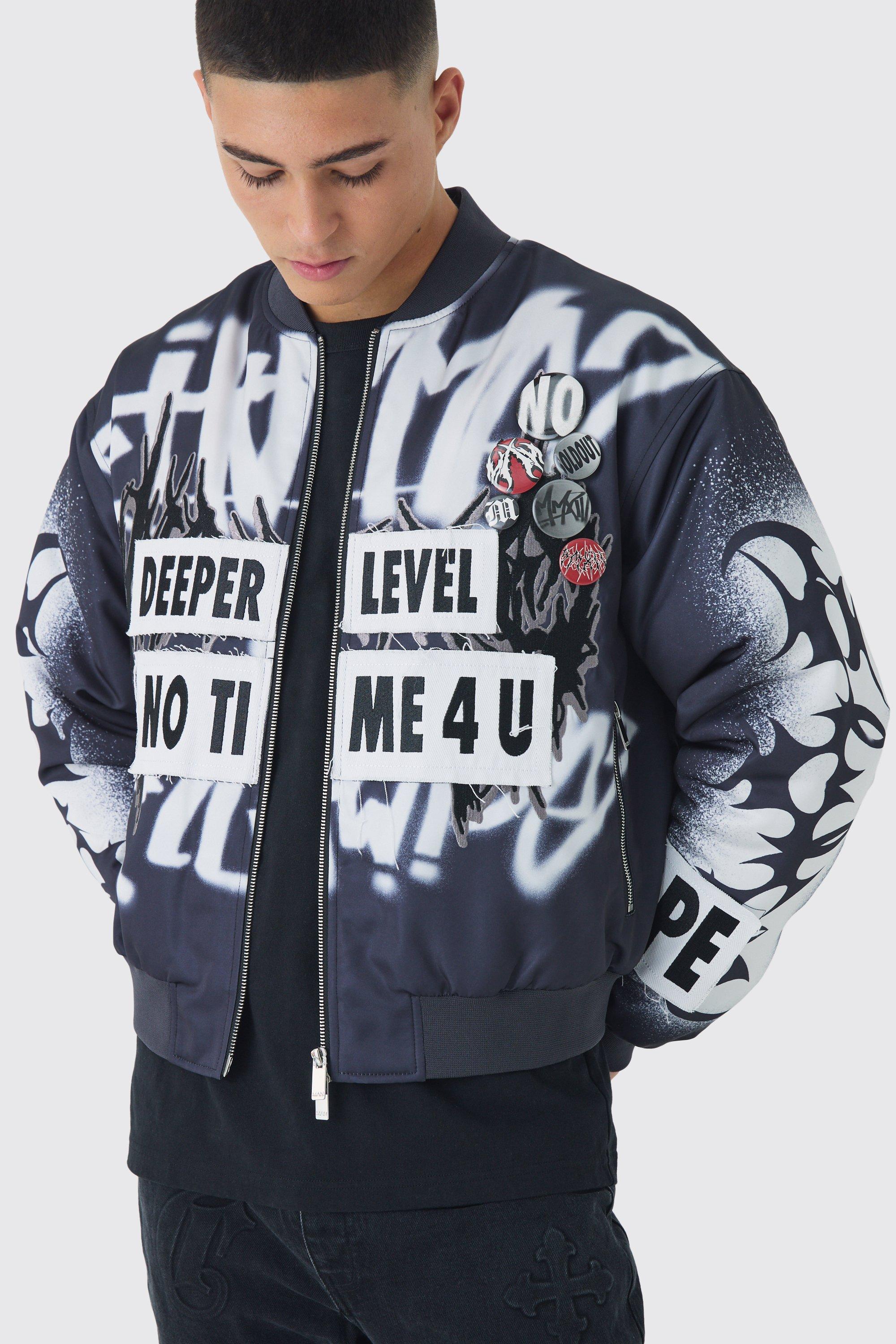 Boxy Graffiti Print Bomber Jacket In Black