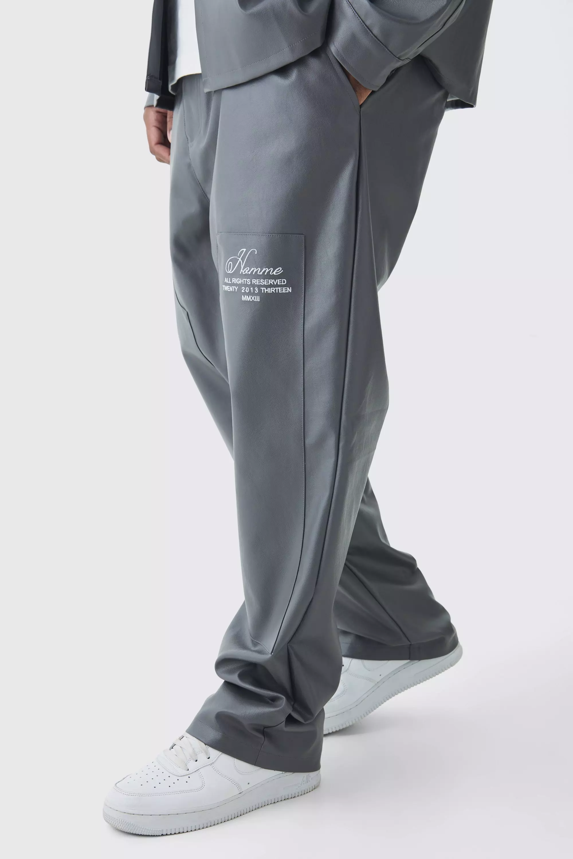 Grey Plus Straight PU Carpenter Trouser