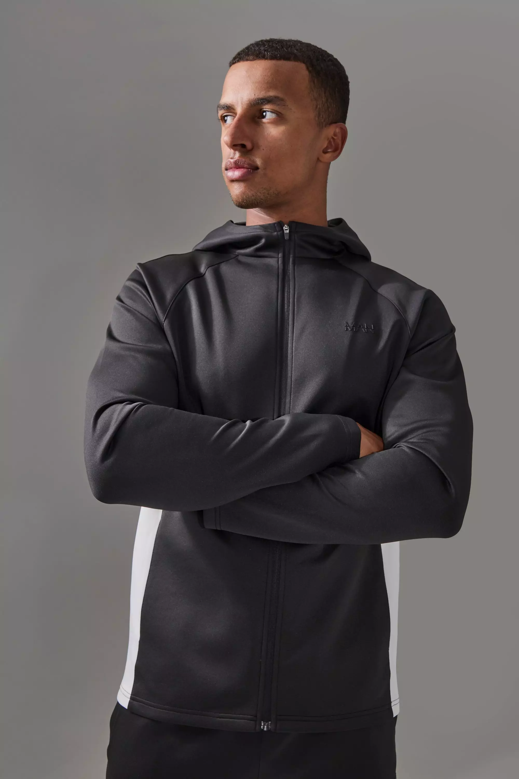 Man Active Pro Regular Fit Zip Thru Hooded Track Top Black