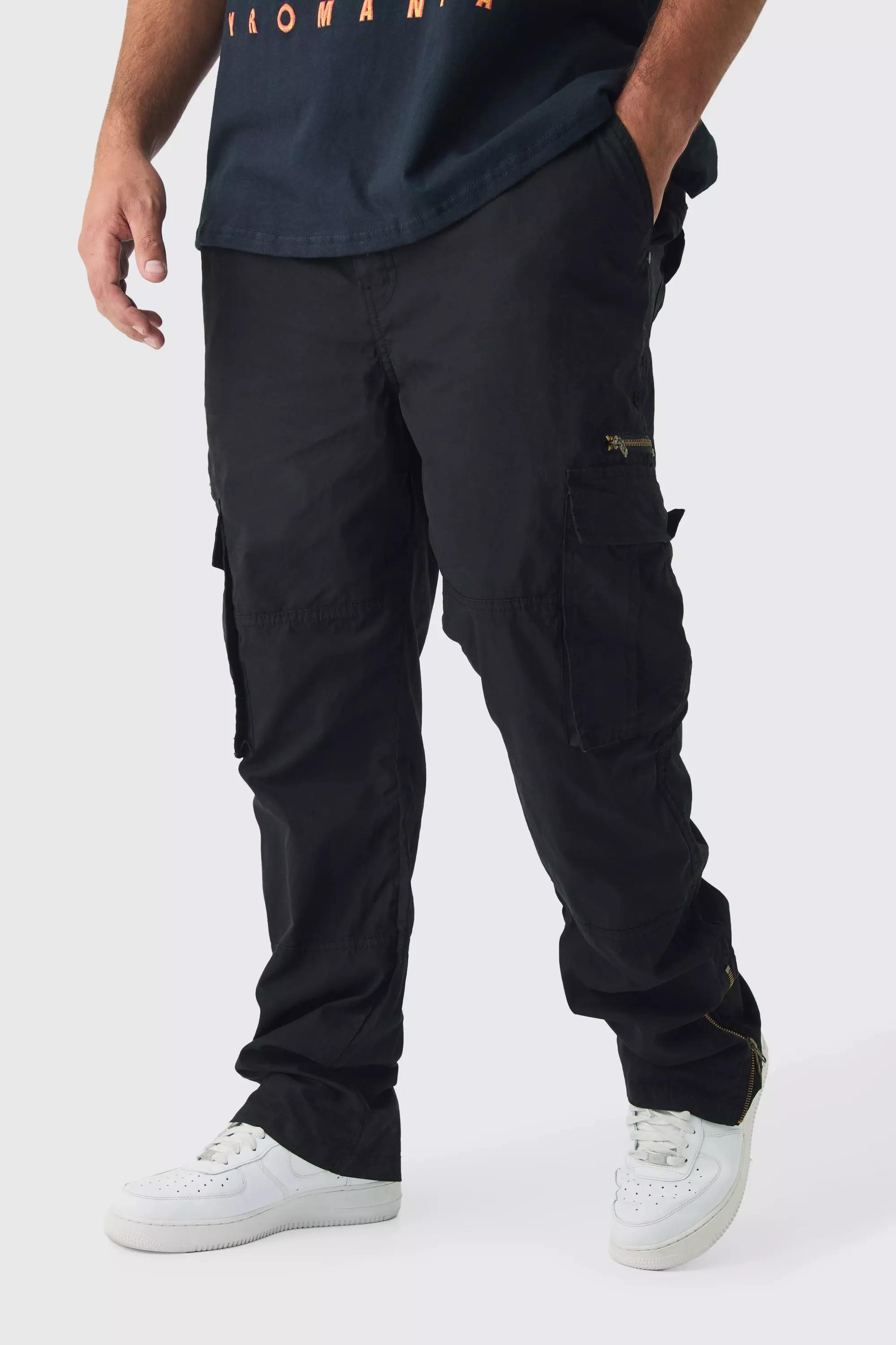 Black Plus Slim Flare Zip Gusset Overdye Acid Wash Cargo Pants In Black