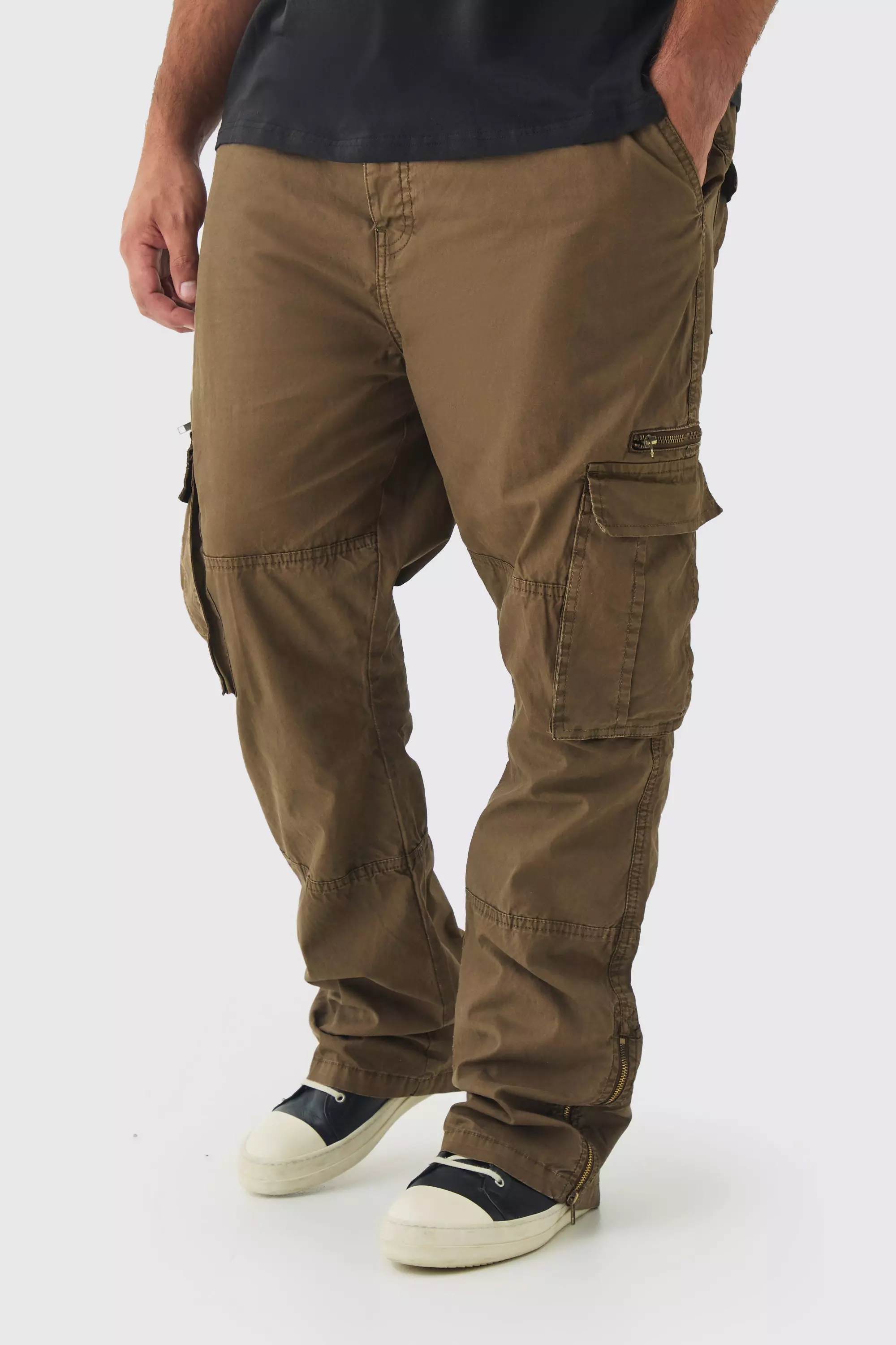 Brown Plus Slim Flare Zip Gusset Overdye Acid Wash Cargo Pants In Chocolate