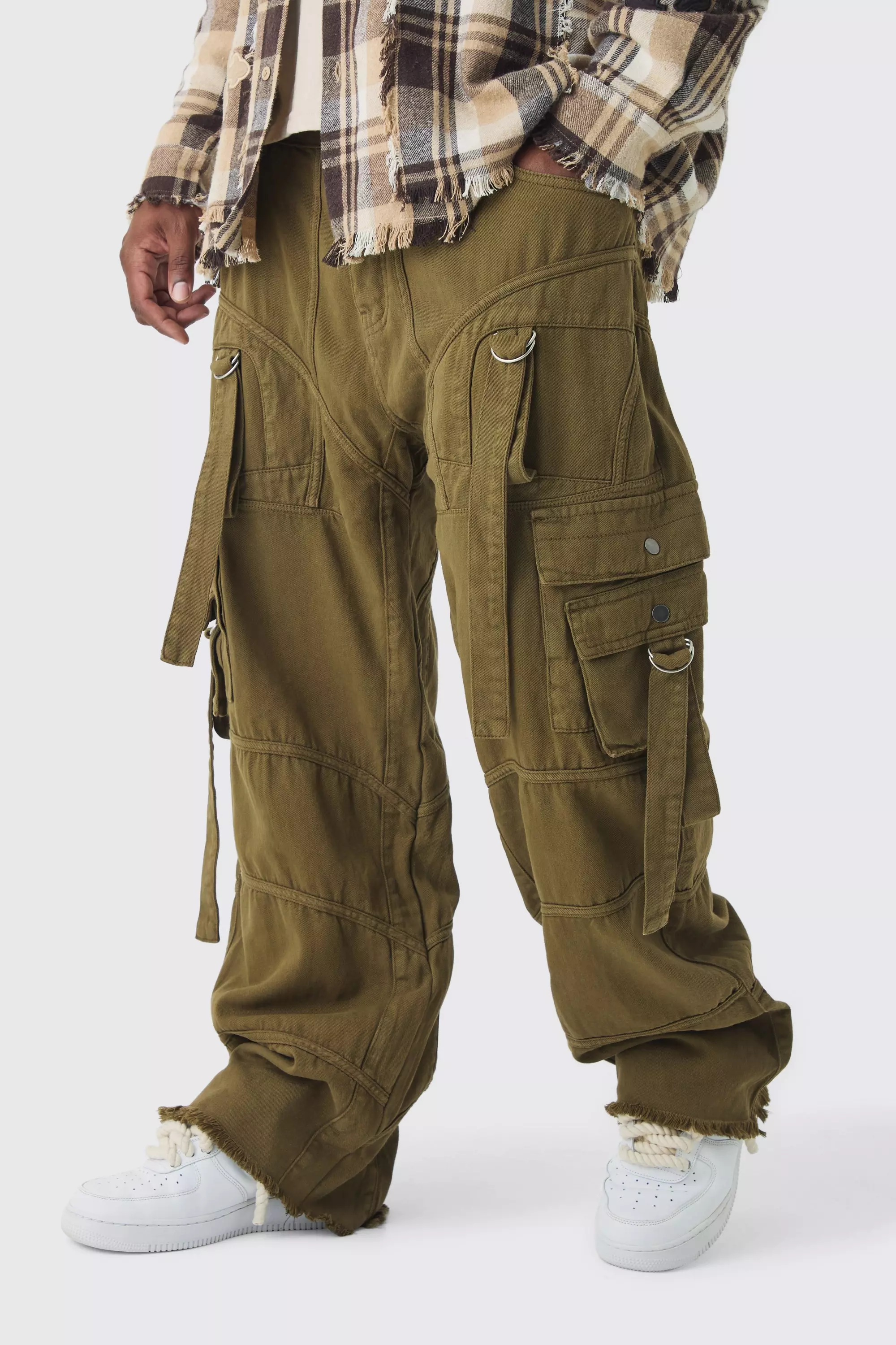 Khaki Plus Overdyed Relaxed Fit Strap And Buckle Pants In Khaki