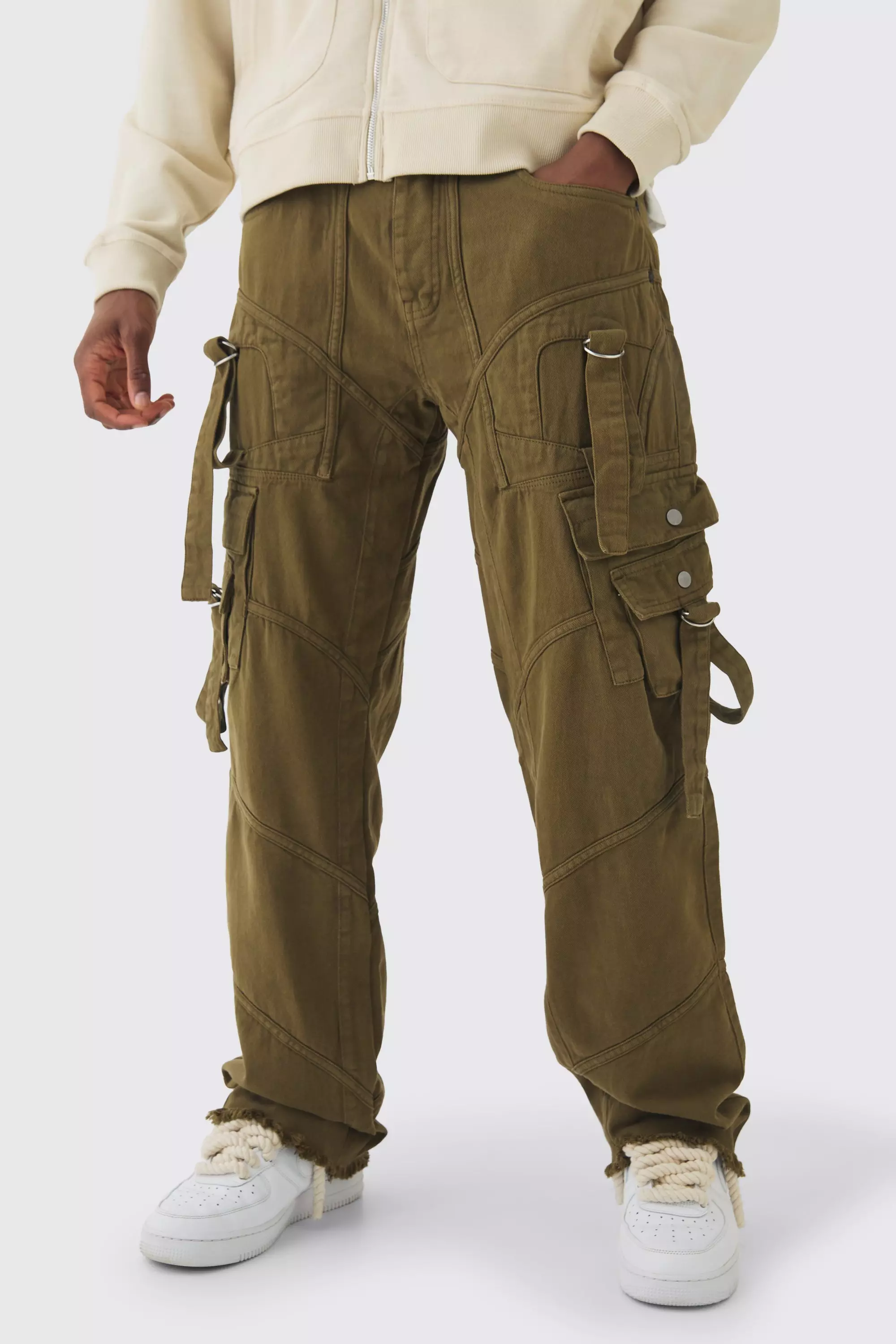 Khaki Tall Overdyed Relaxed Fit Strap And Buckle Pants In Khaki