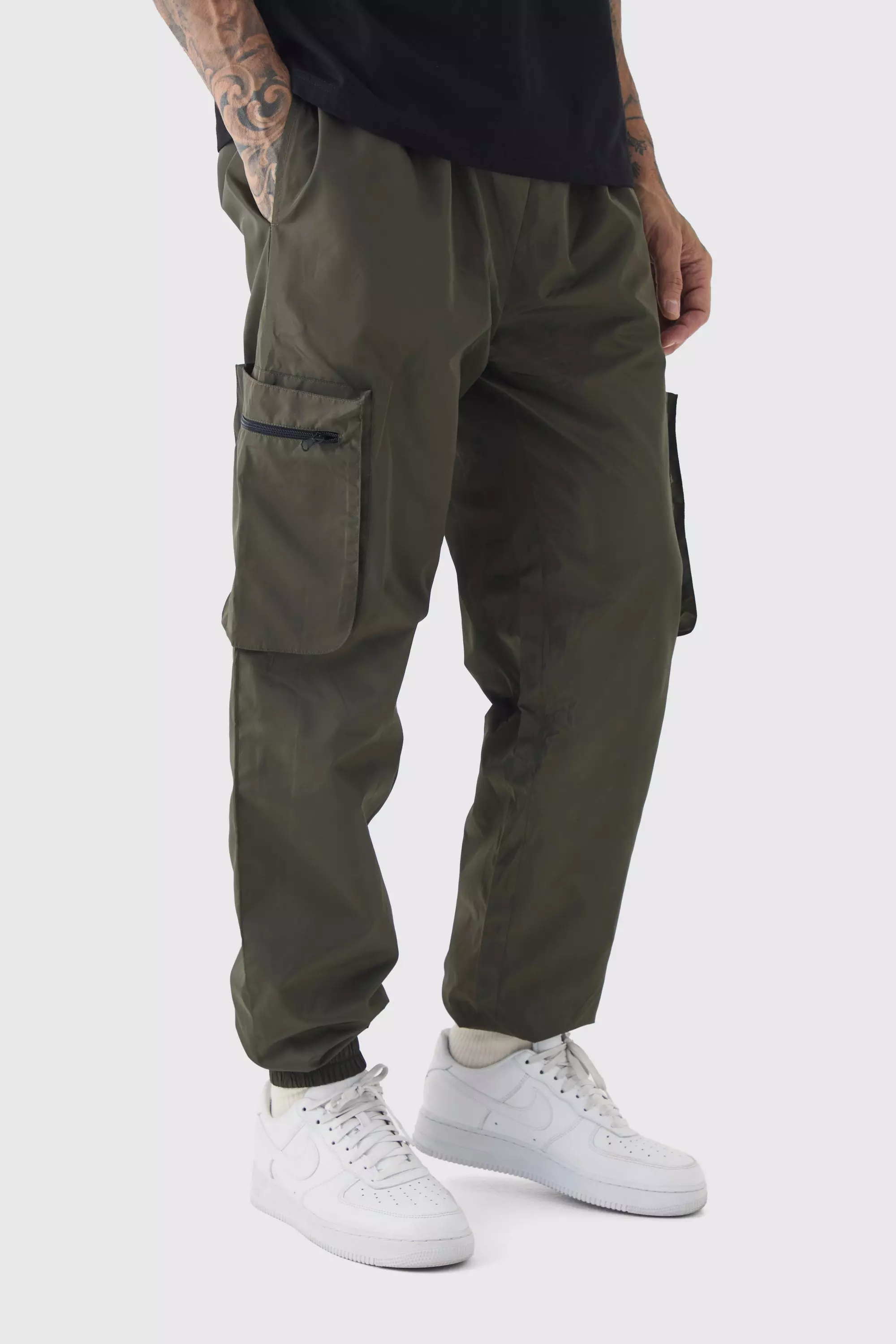 Khaki Tall Cuffed Hem Nylon Cargo Pants In Khaki