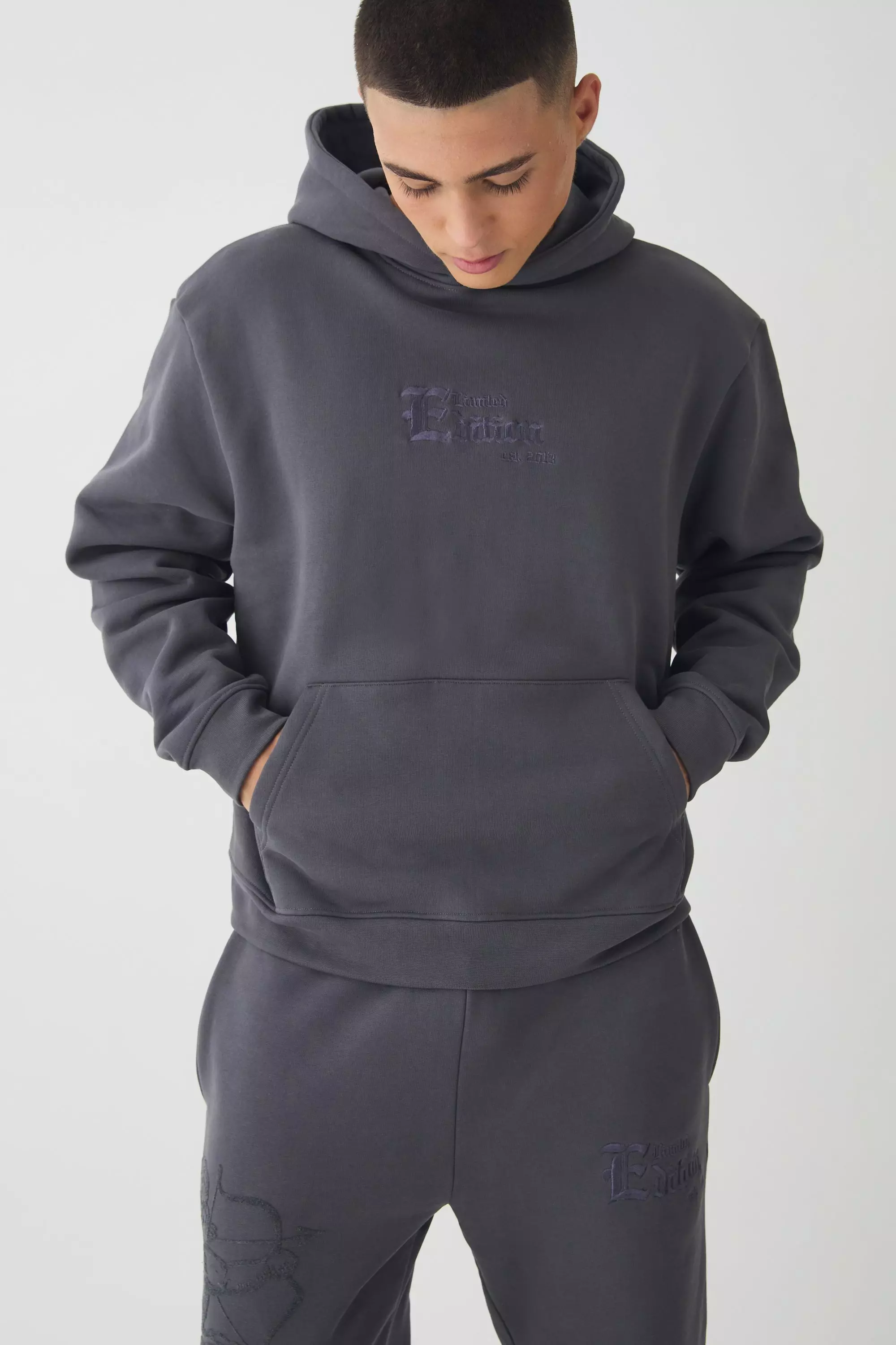 Smart Oversized Boxy Super Heavyweight Embroidered Hoodie Charcoal