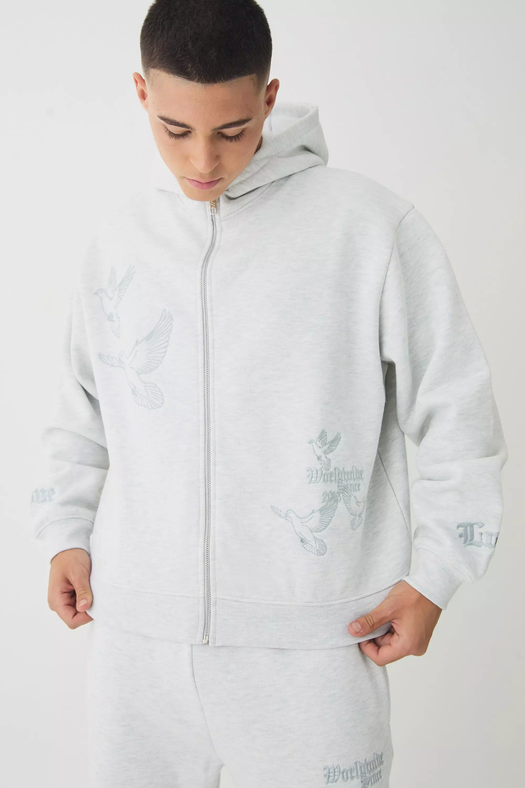 Grey Smart Oversized Boxy Embroidered Super Heavyweight Zip Through Loopback Hoodie