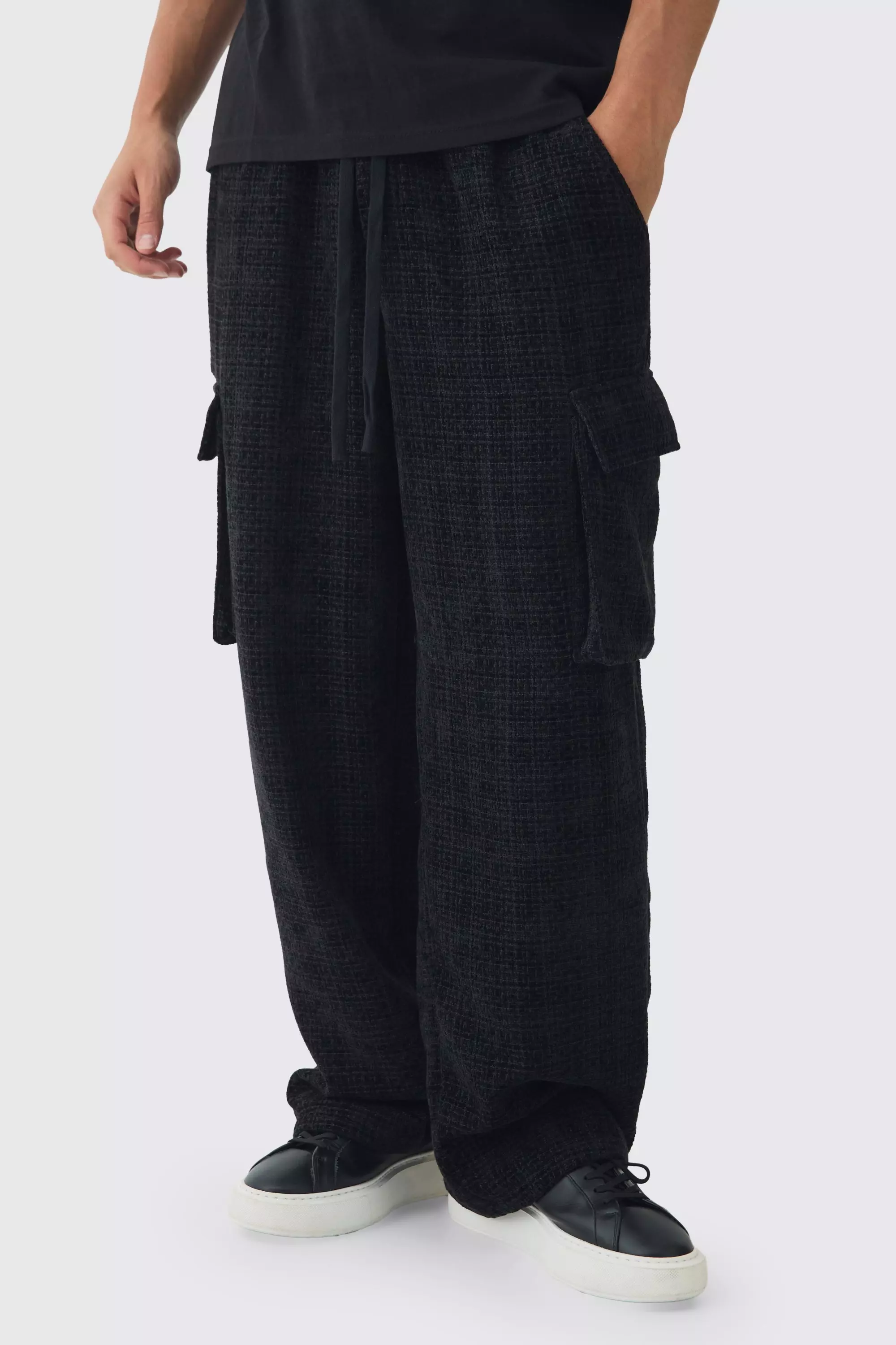 Elasticated Waist Baggy Boucle Cargo Pocket Trousers Black