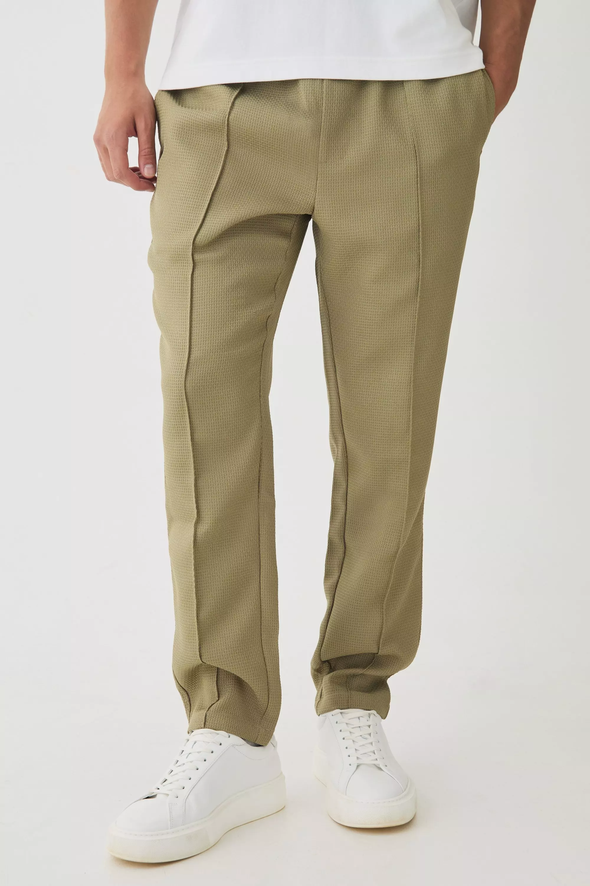 Elasticated Waist Tapered Pintuck Boucle Trousers Light khaki