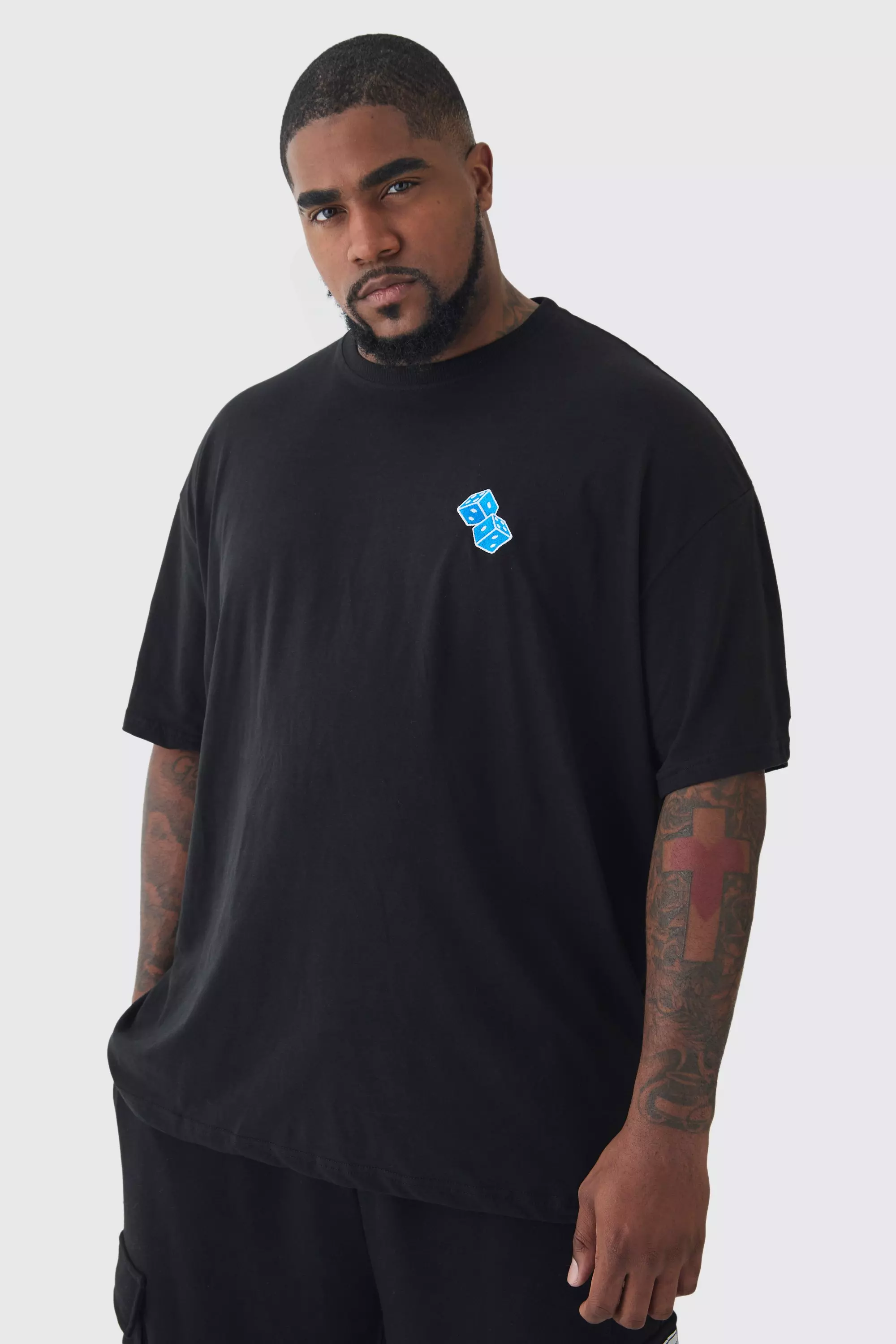 Plus Oversized Plus Blue Dice Embroidered T-shirt In Black Black