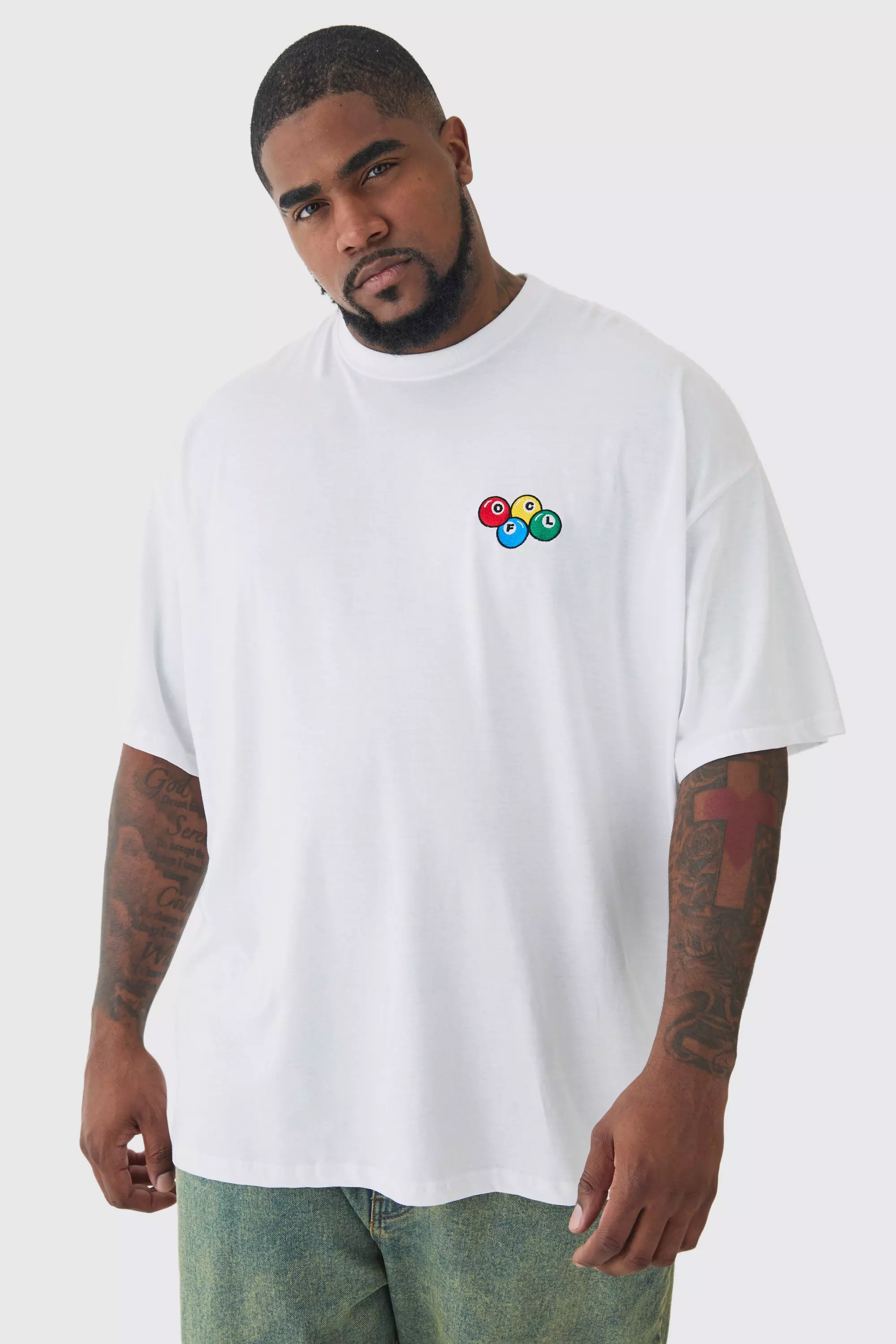 Plus Oversized Plus OFCL 8 Ball Embroidered T shirt In White boohooMAN UK