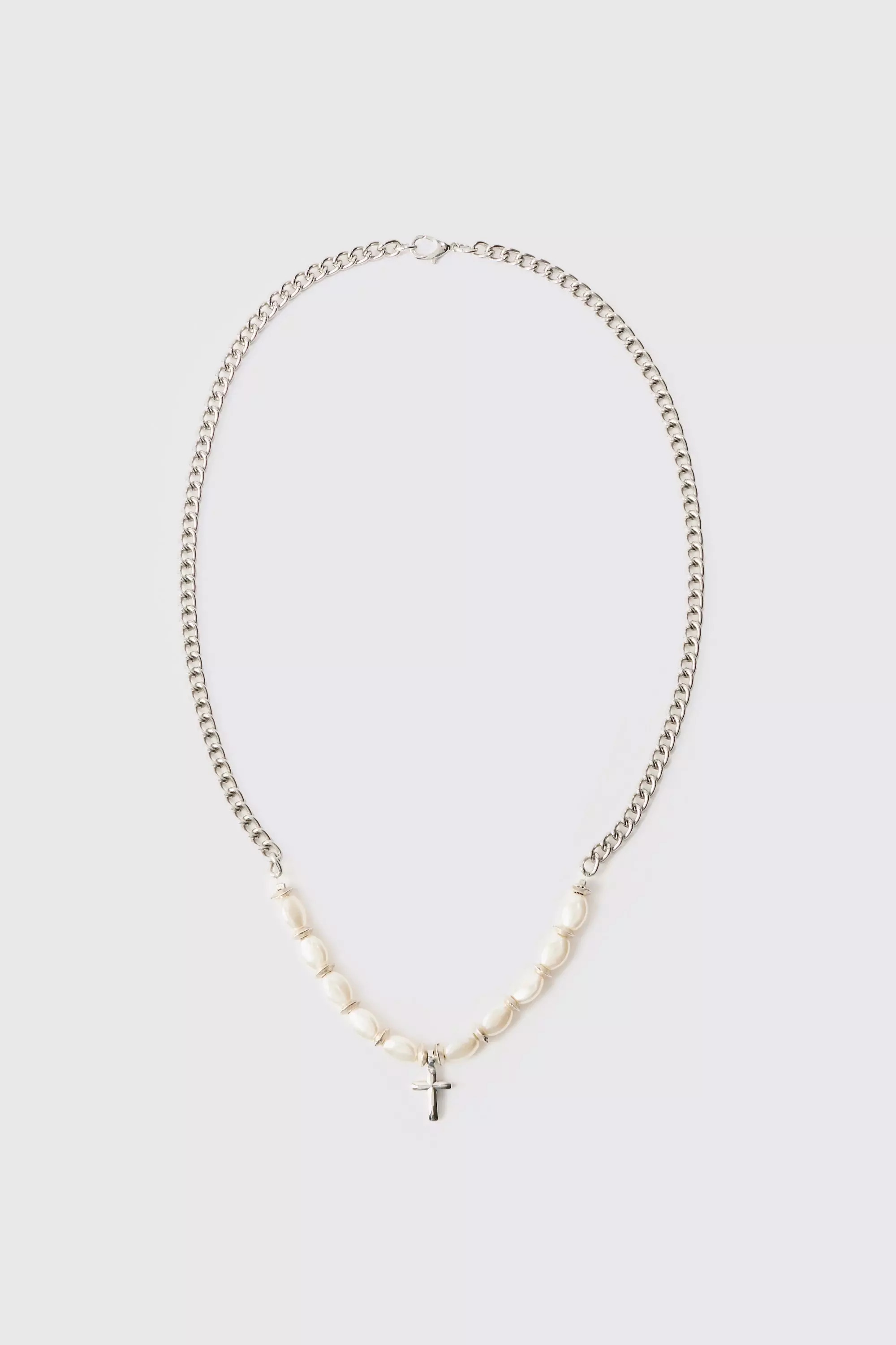 Cross Pendant Pearl Necklace Silver