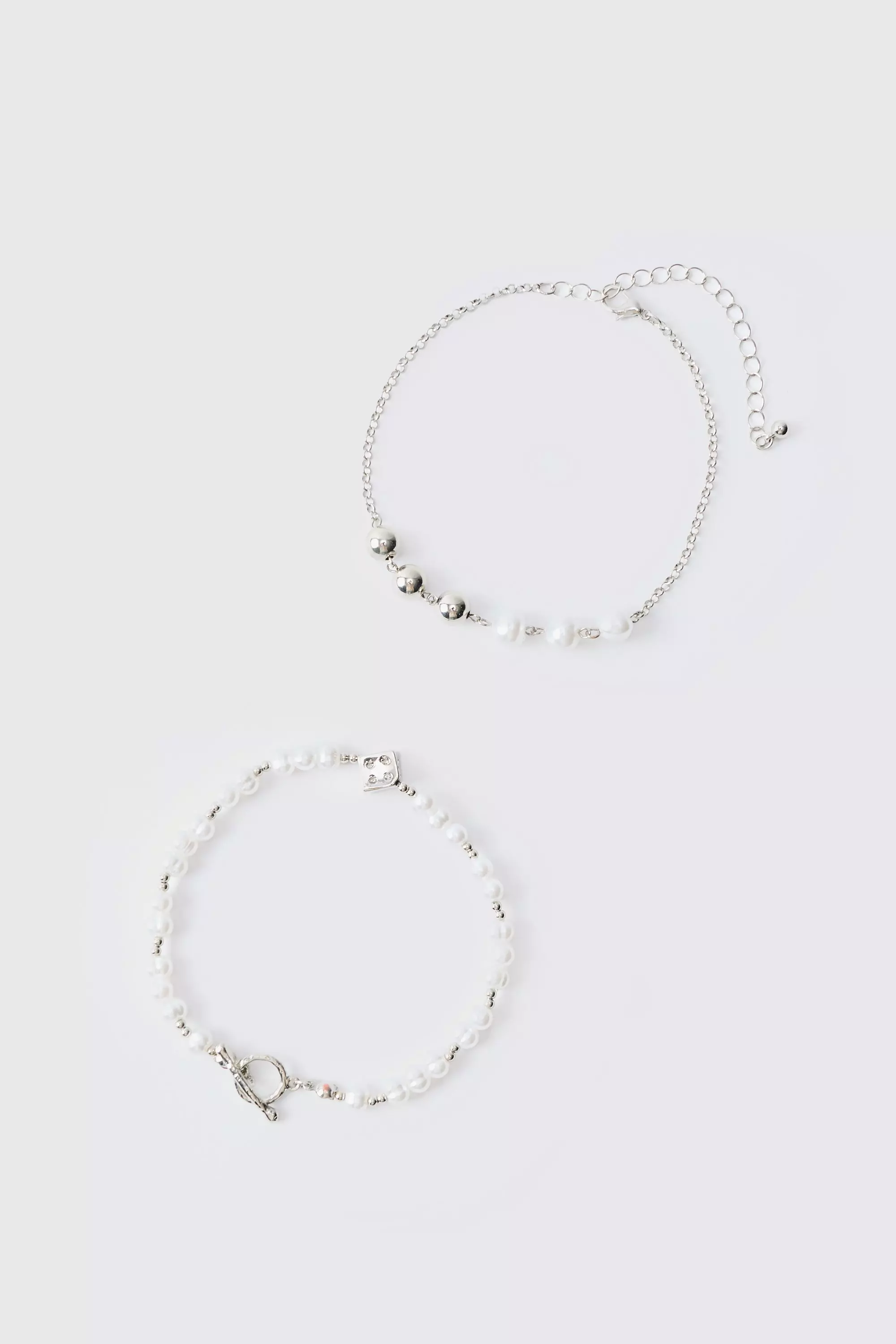 2 Pack Pearl And Dice Pendant Bracelets Silver