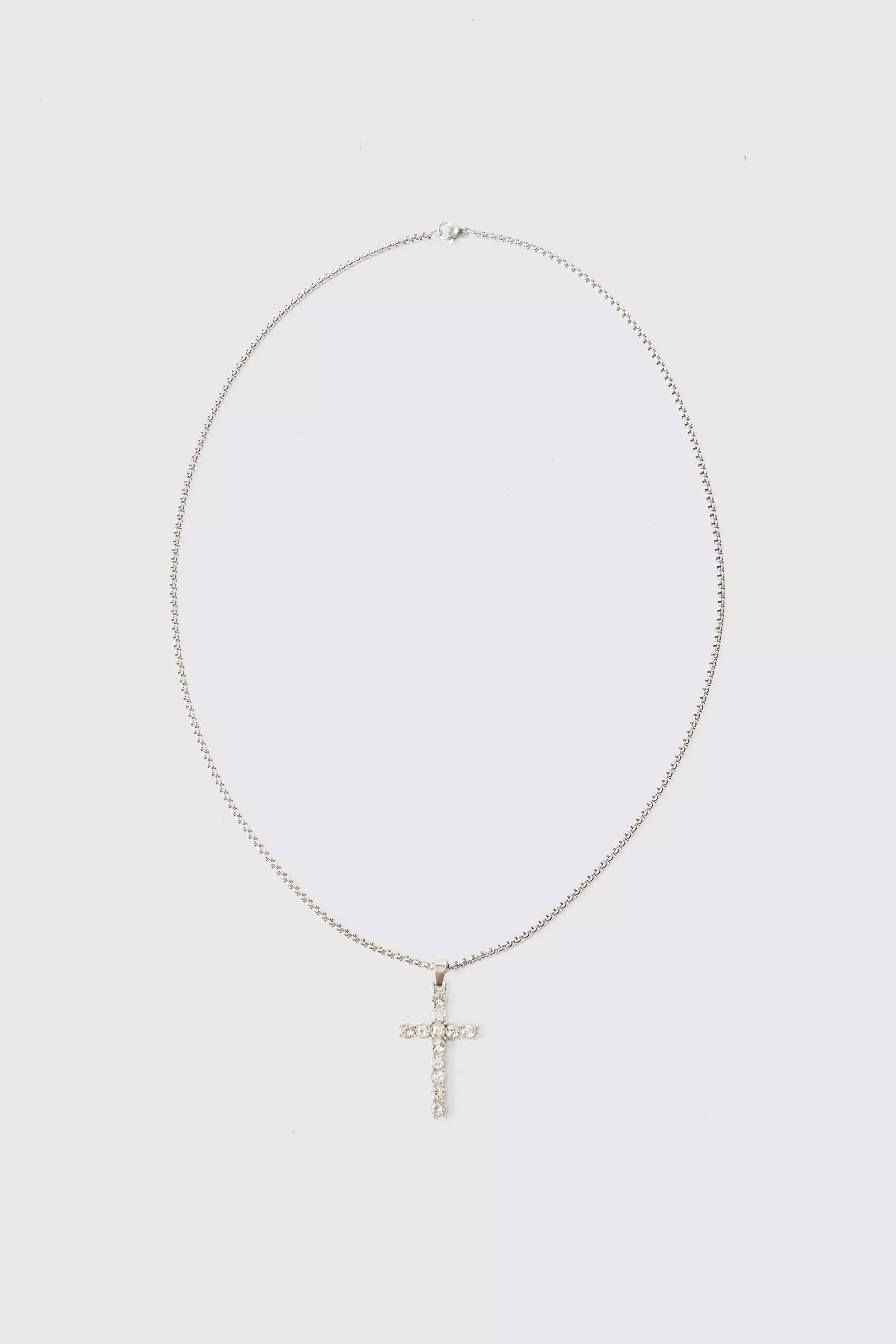 Iced Cross Pendant Necklace Silver