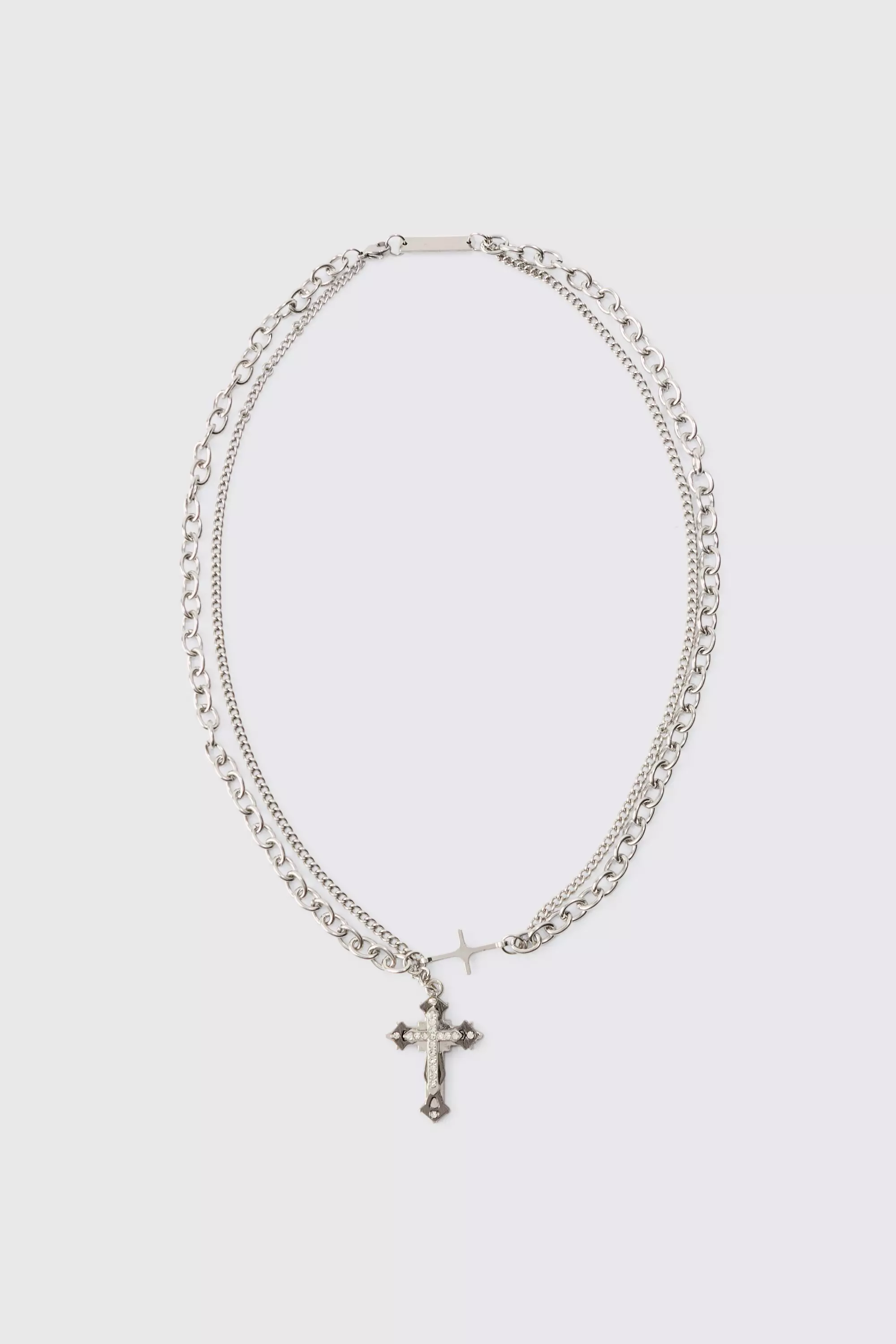 Cross Pendant Multi Layer Necklace Silver