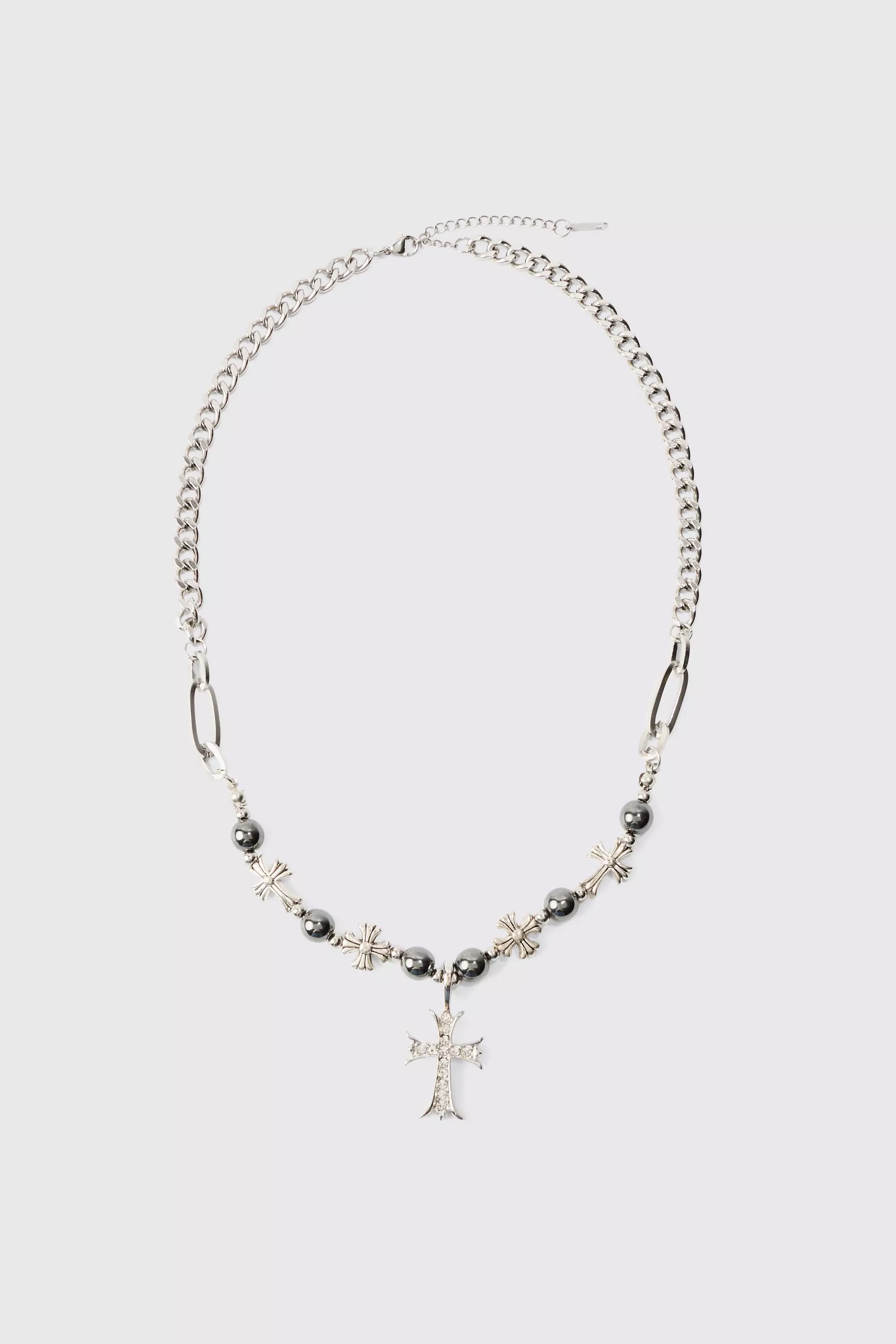 Iced Cross Pendant Pearl Necklace Silver