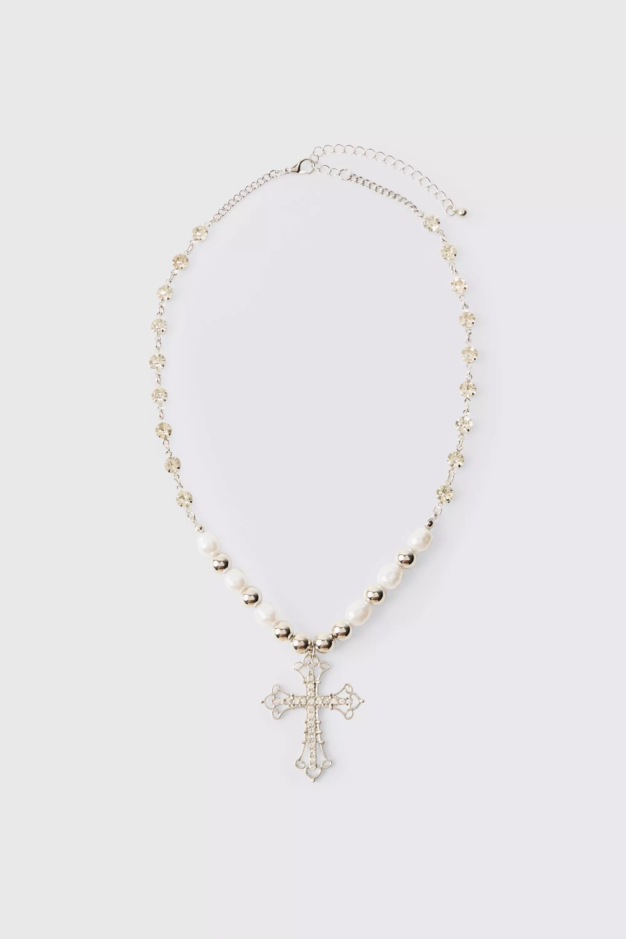 Cross Pendant Pearl And Metal Bead Necklace Silver