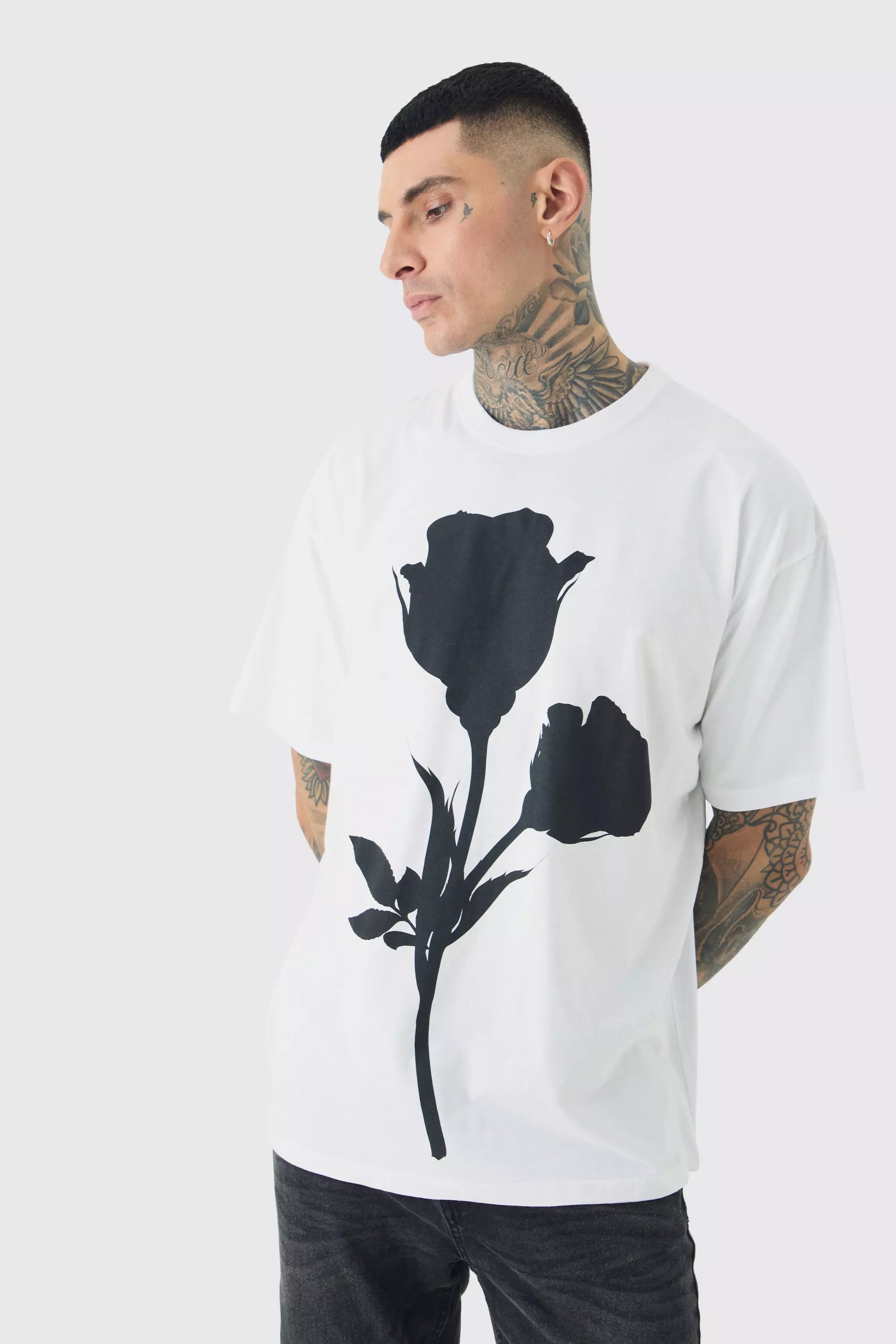 Tall Mono Placement Floral Graphic T-shirt In White | boohooMAN USA
