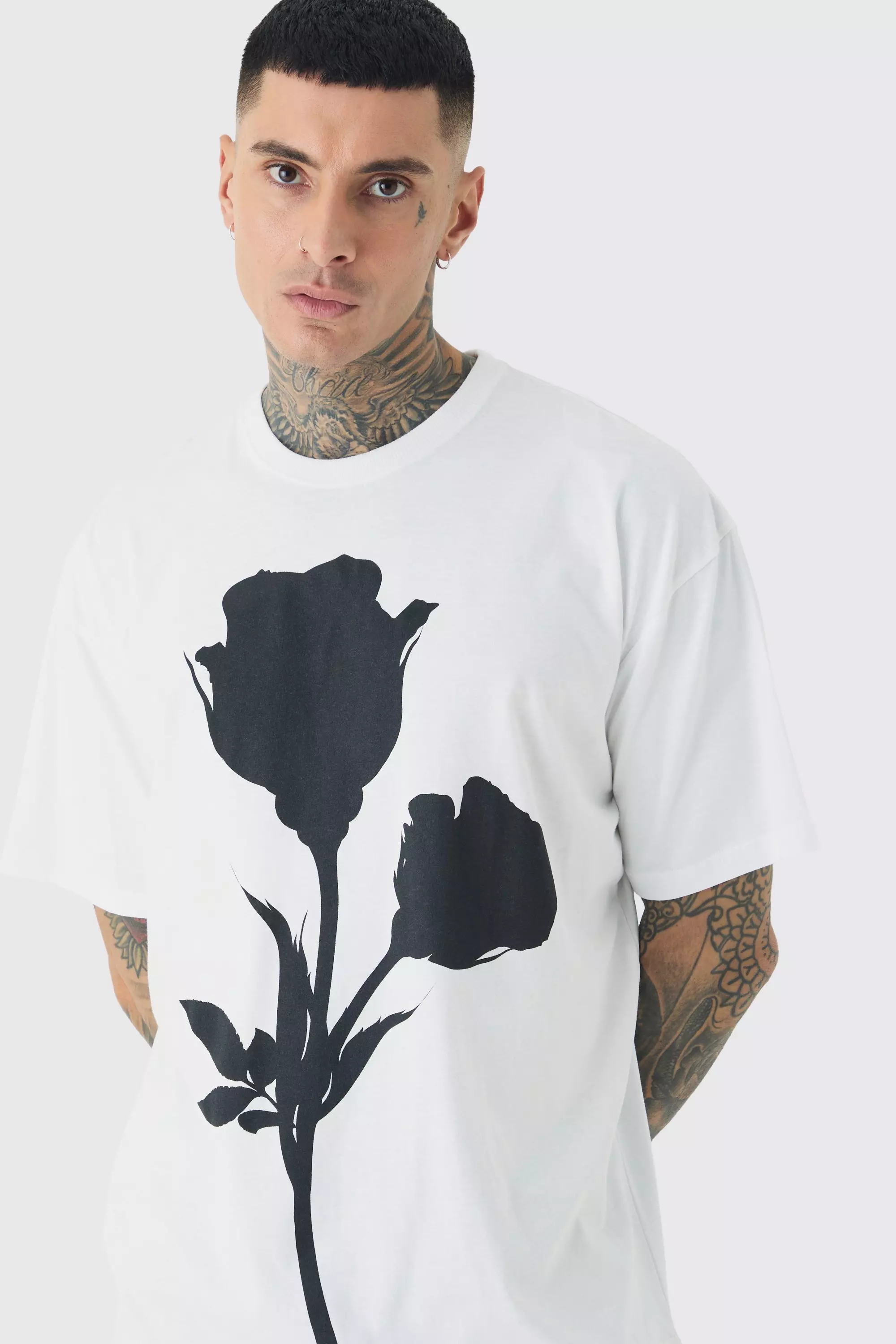 Tall Mono Placement Floral Graphic T-shirt In White | boohooMAN USA