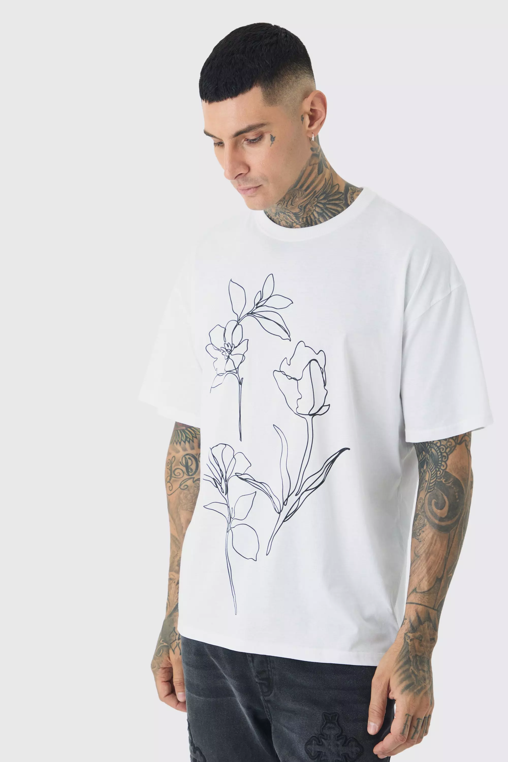 Tall Mono Abstract Floral Graphic T-shirt In White White