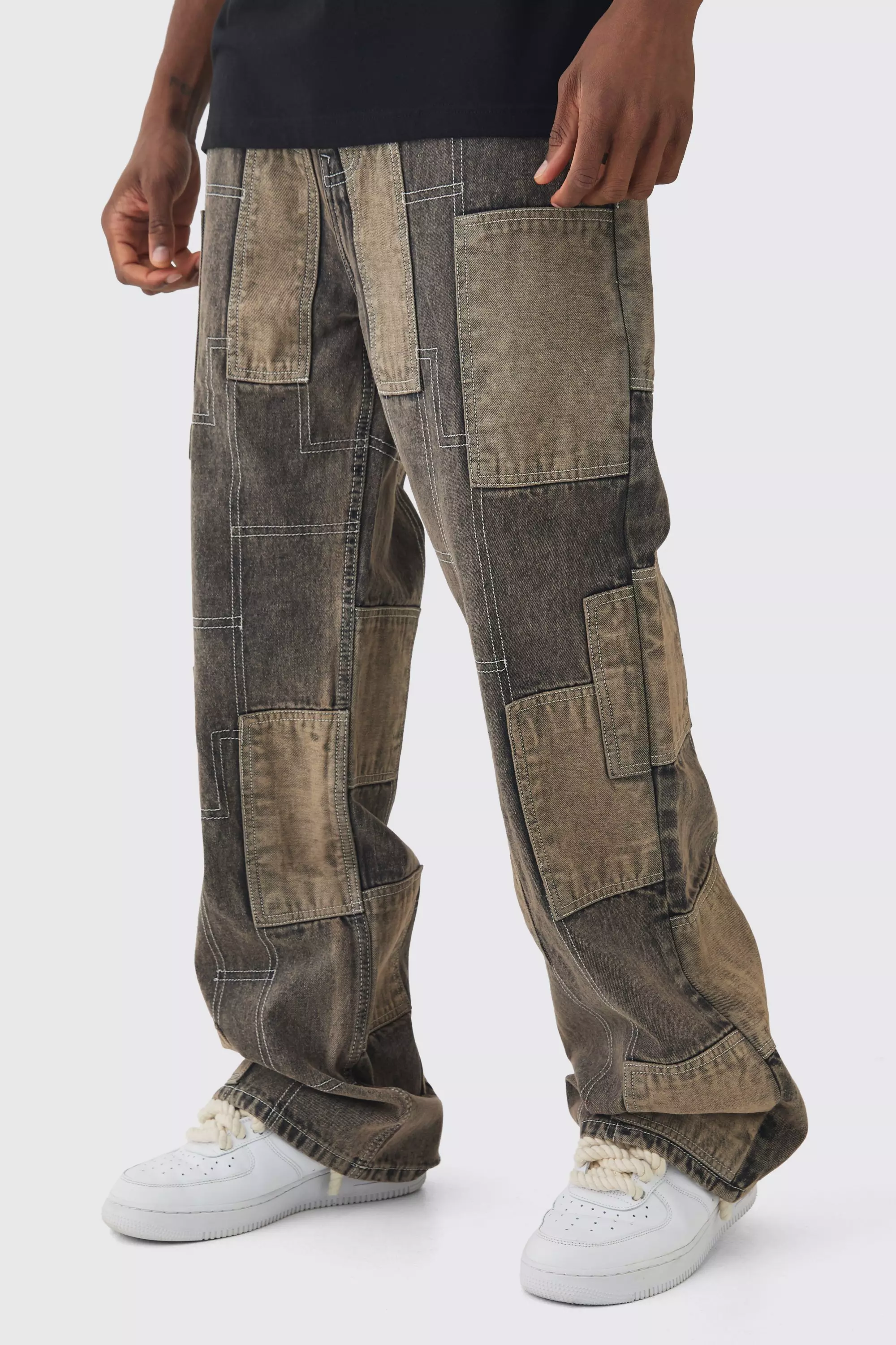 Chocolate Brown Tall Relaxed Rigid Flare Patchwork Jeans