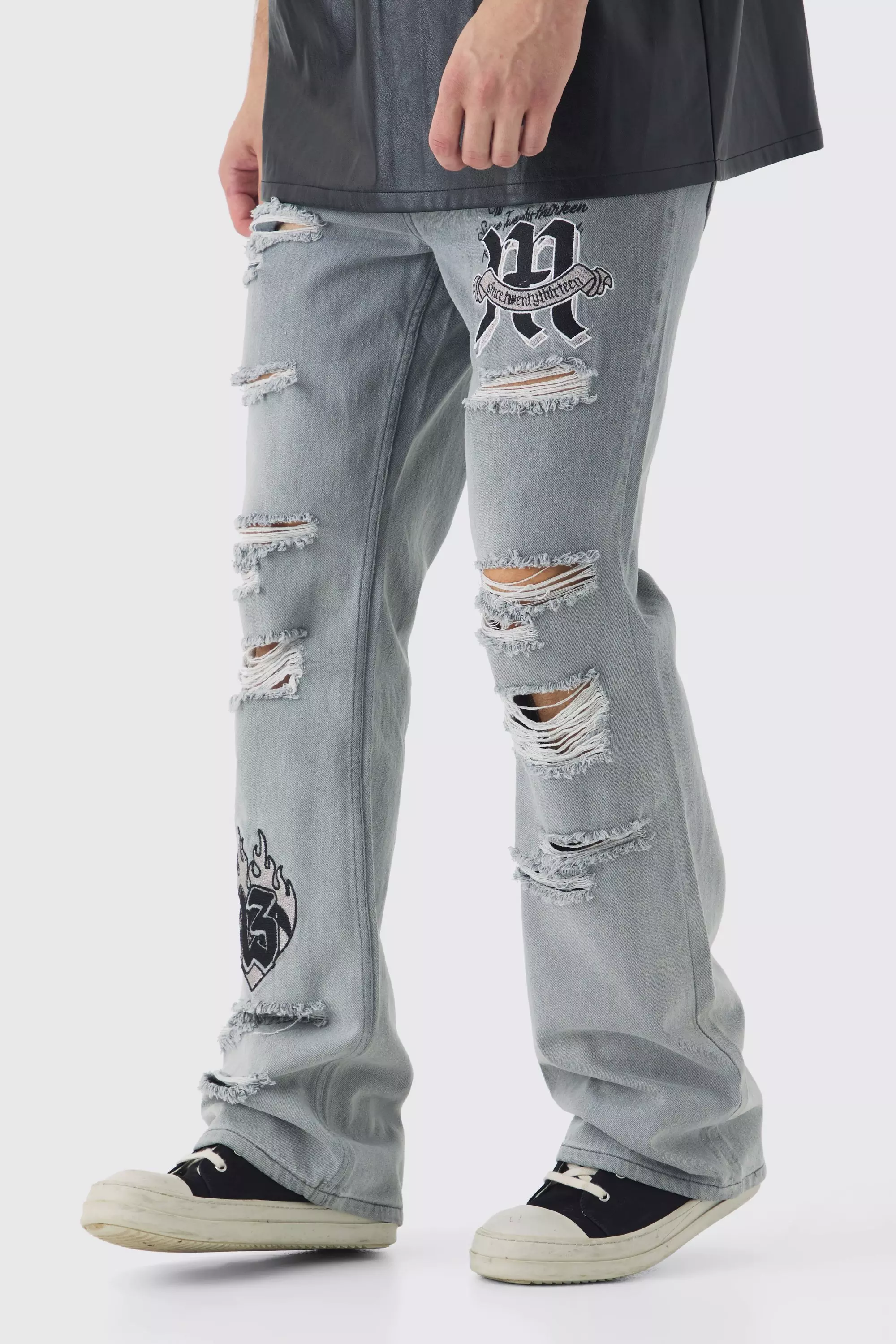 Tall Applique Ripped Slim Fit Flared Jeans Grey