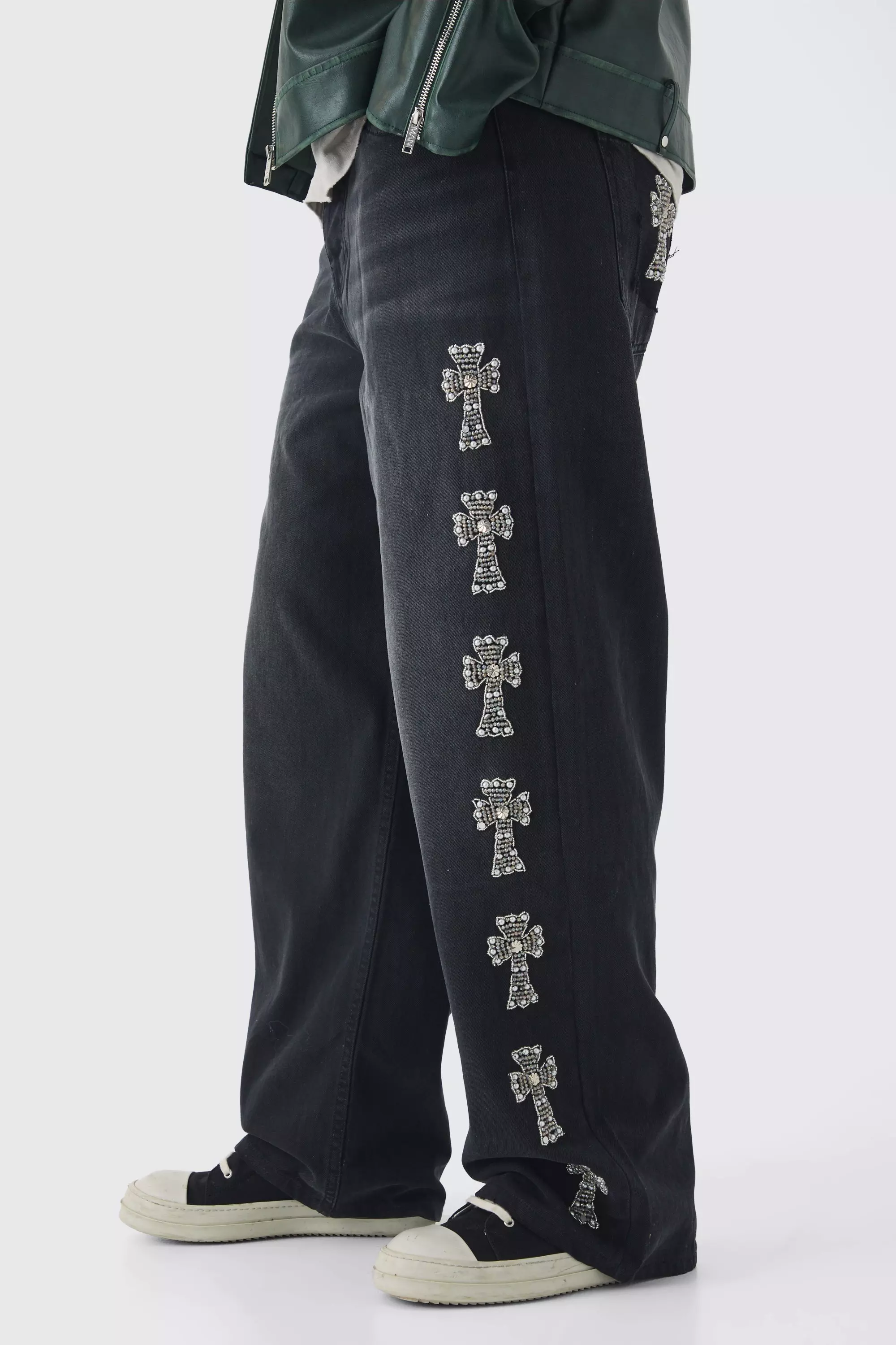 Washed black Tall Baggy Rigid Embellished Jeans alternative image