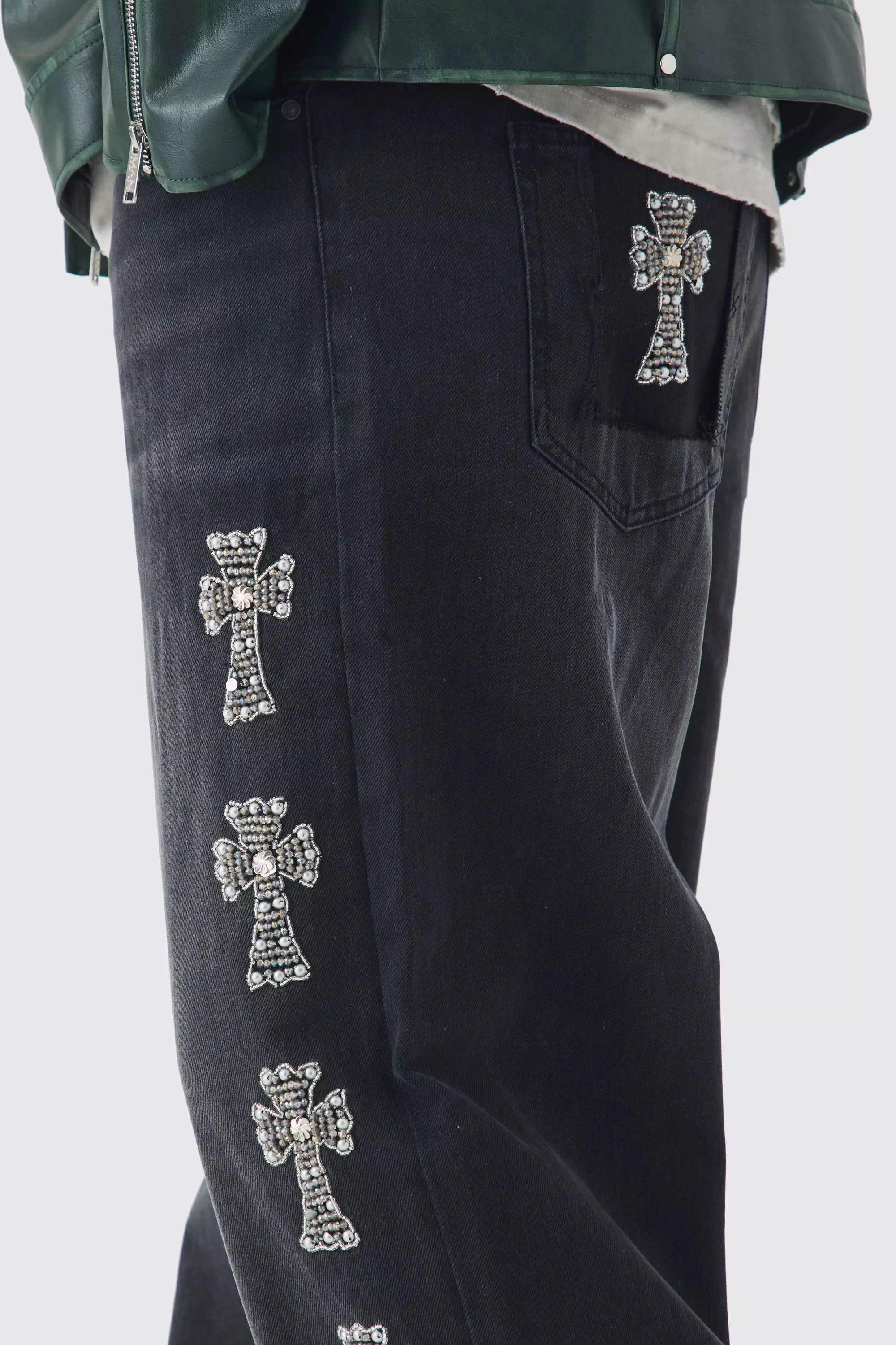 Washed black Tall Baggy Rigid Embellished Jeans alternative image