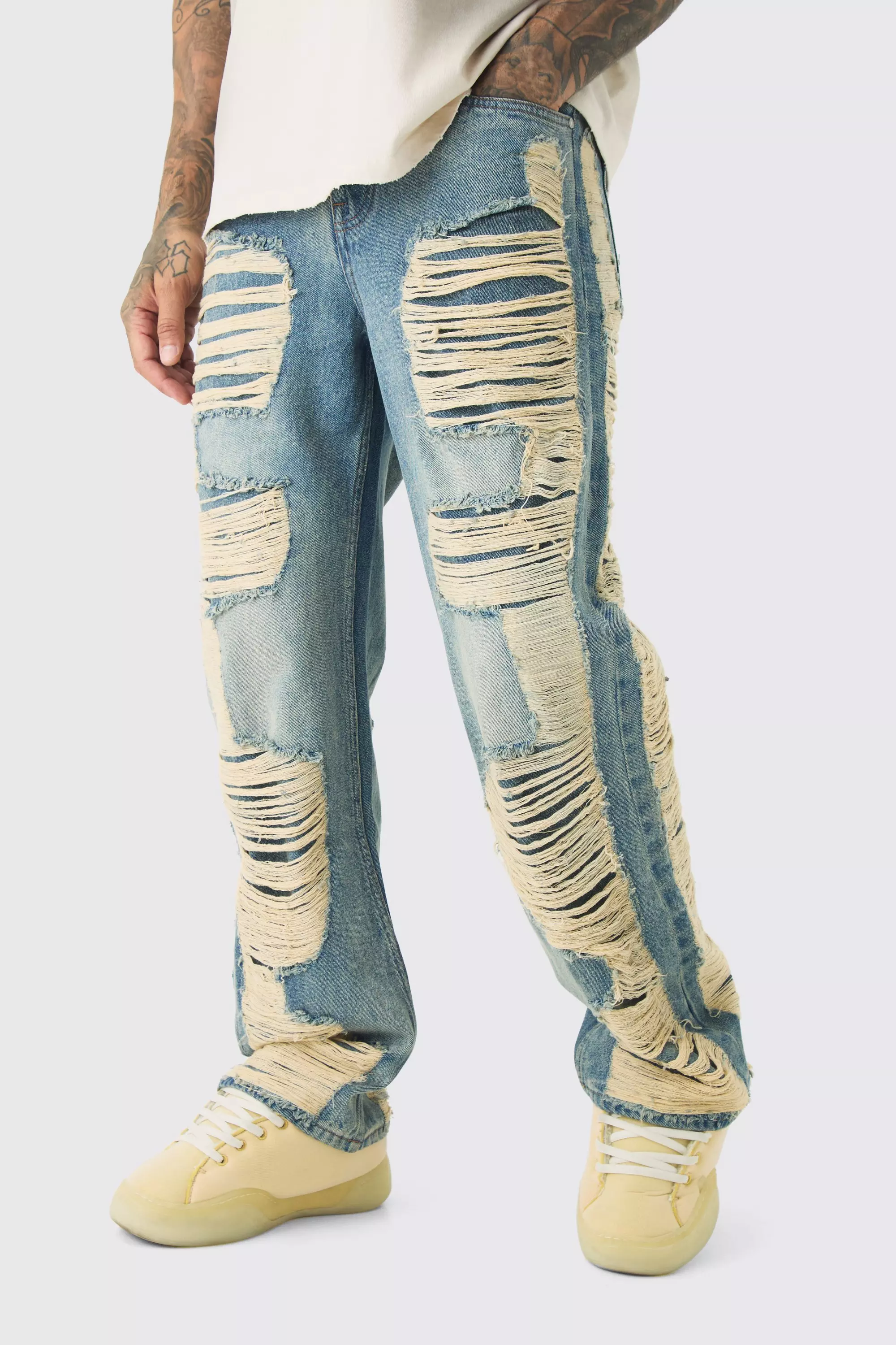 Tall Extreme Ripped Stacked Flared Jeans Antique blue