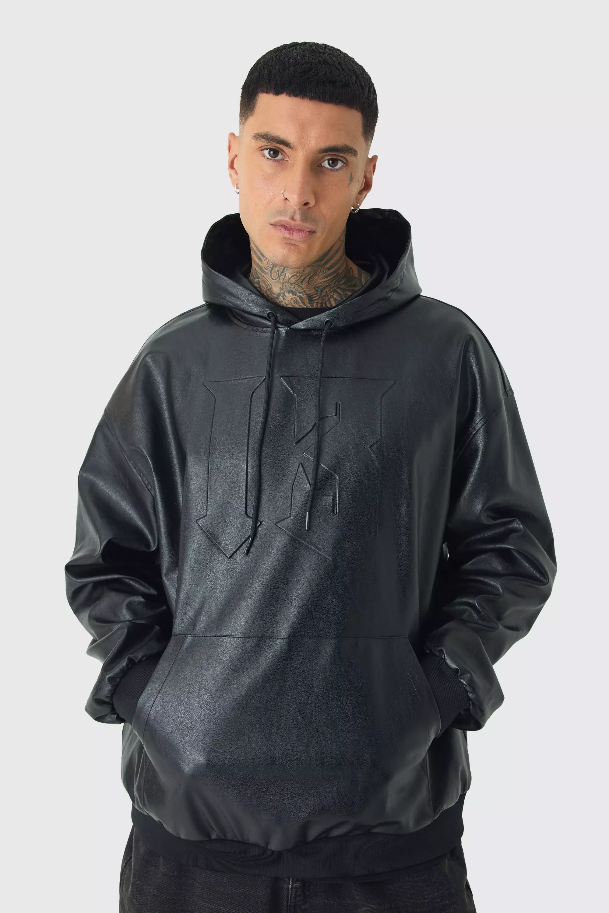 Tall Oversized PU Drop Shoulder Embossed Hoodie Black