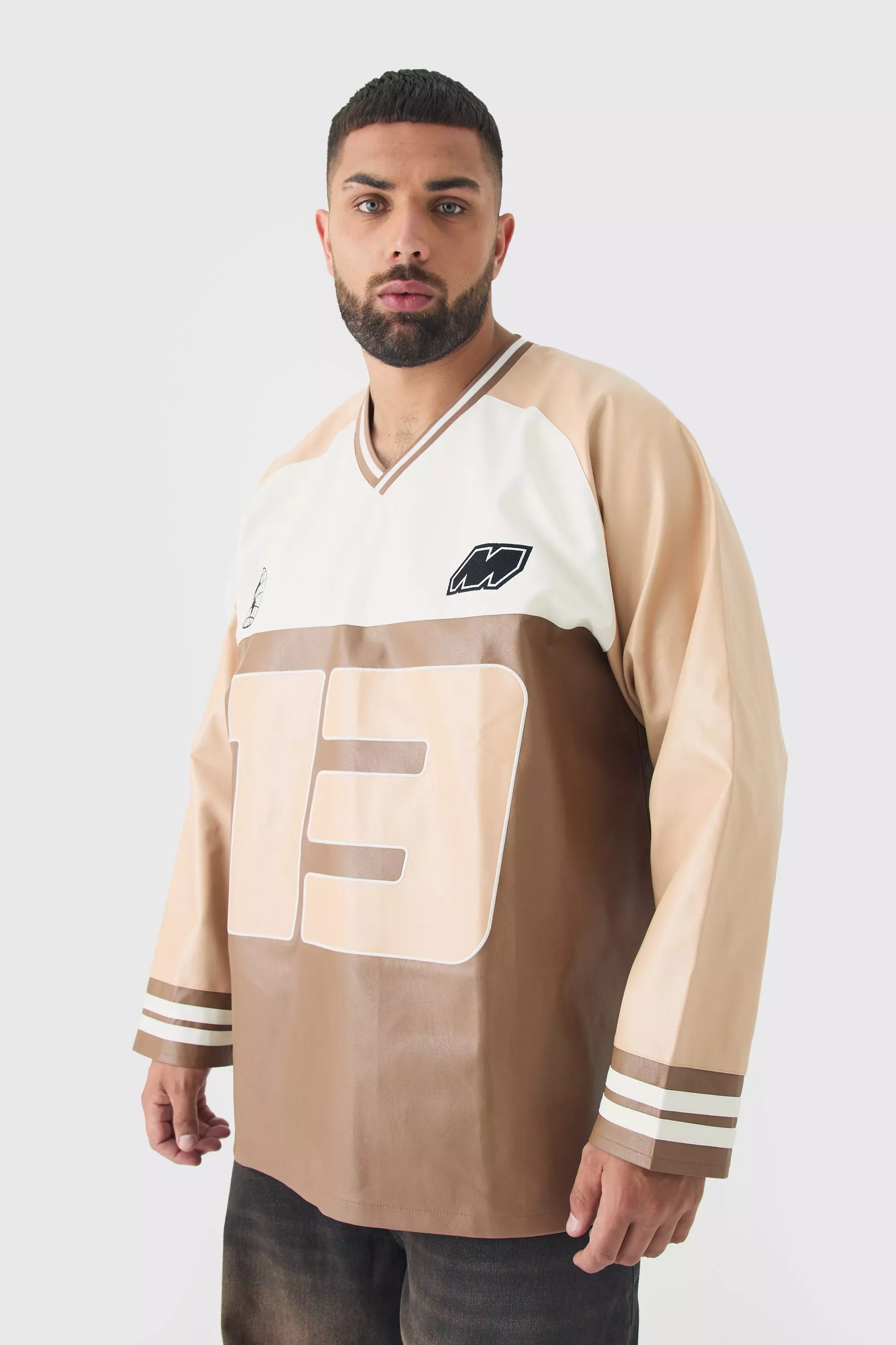 Plus Oversized PU Raglan Embroidered Varsity Shirt Brown