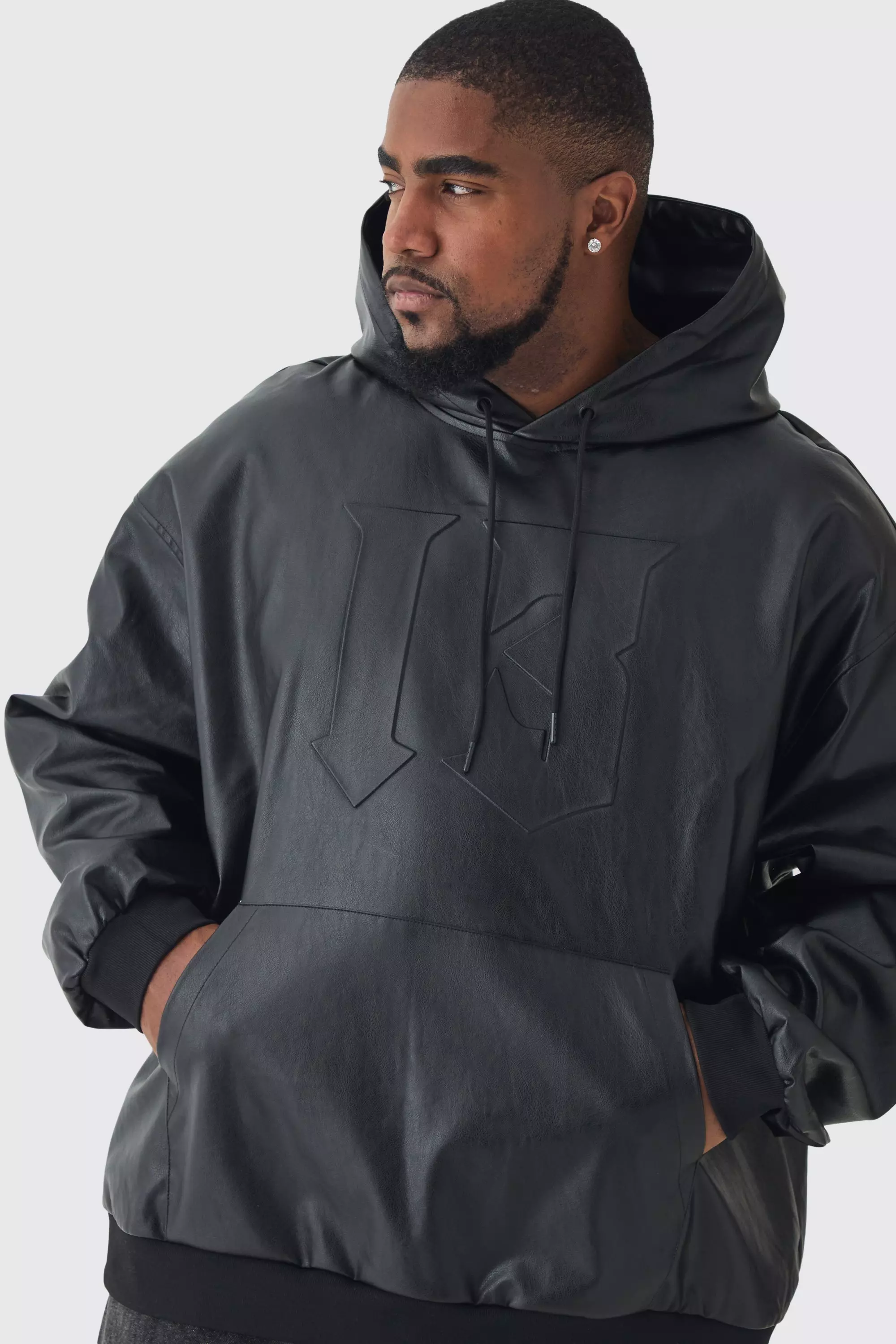 Plus Oversized Pu Drop Shoulder Embossed Hoodie Black